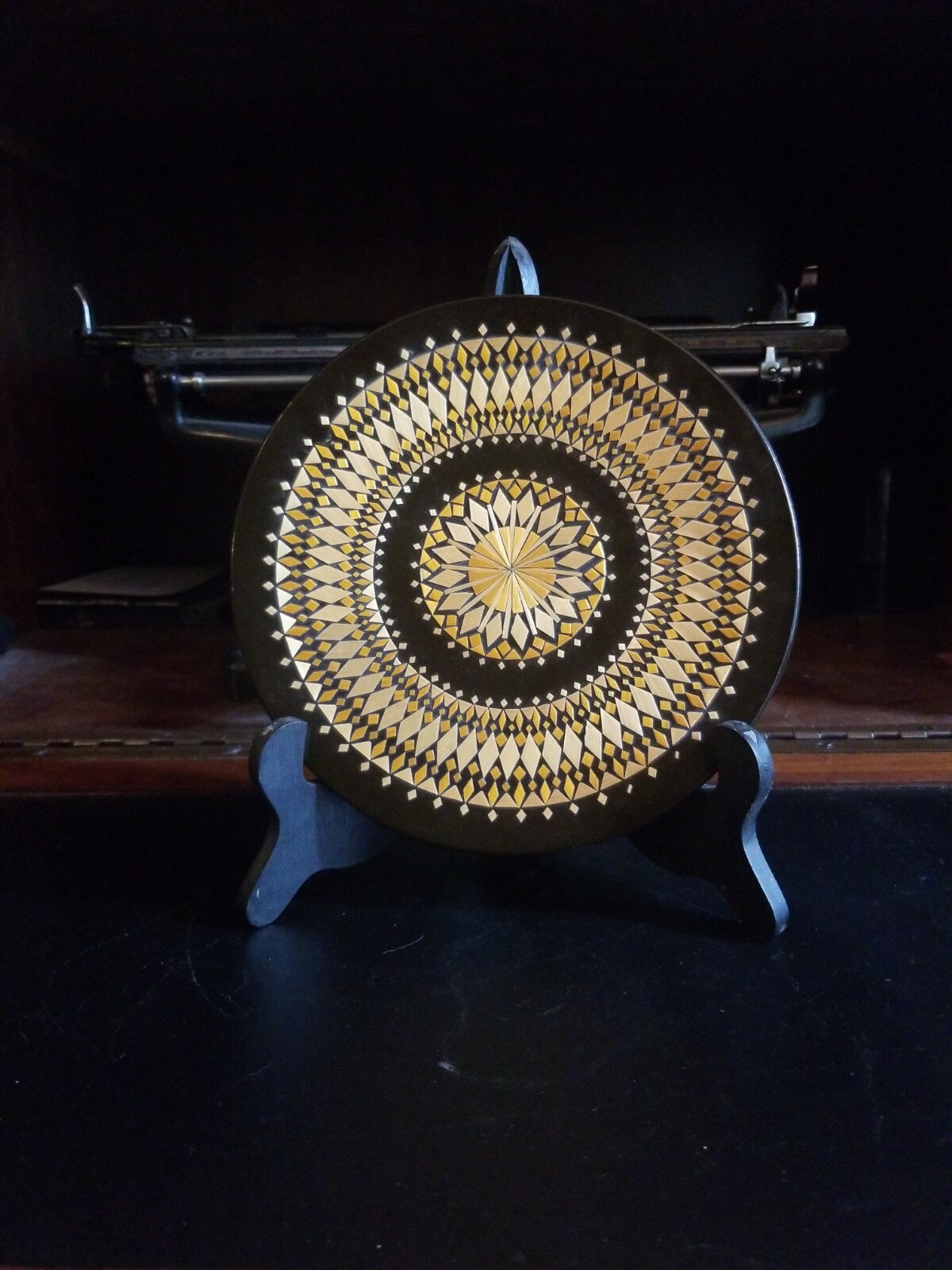 Russian Plate Ceramic Inlay Geometric Design 7.75 In Brown,Gold- repaired