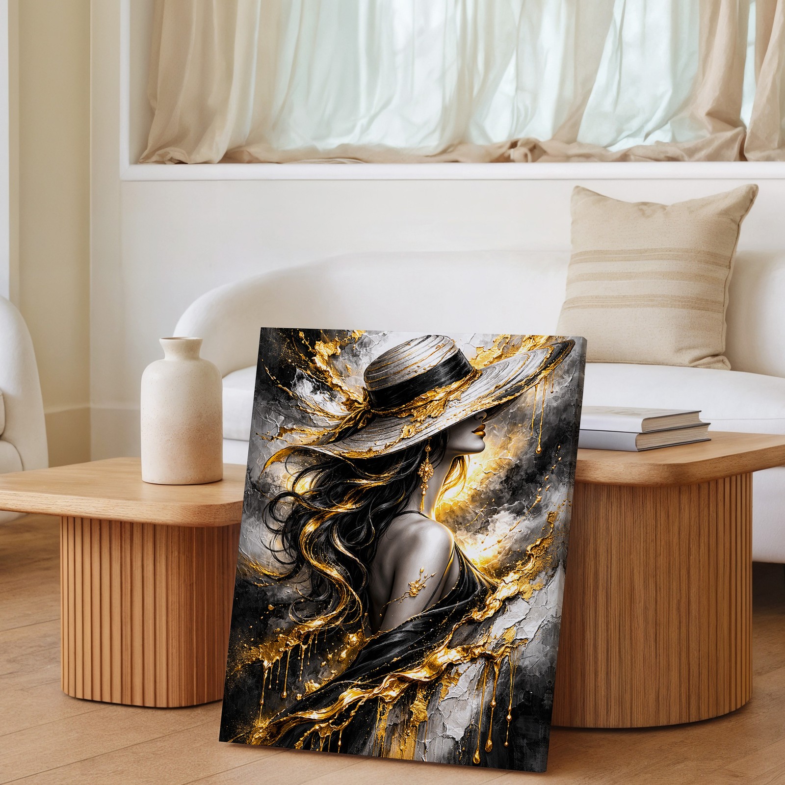 Elegant Woman With Hat Abstract Gold Black Gray Canvas Wall Art Modern Home