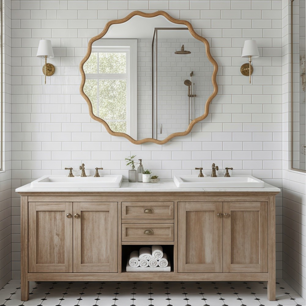 30in Wavy Round Mirror Wood Frame Mid-Century Modern Mirror For Bedroom Bathroom