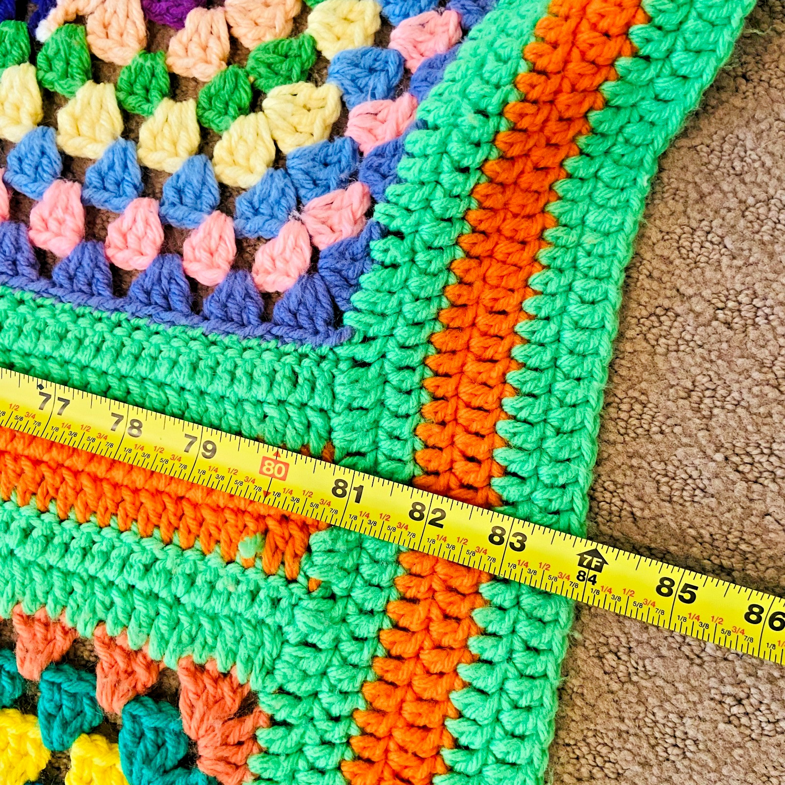 Vintage Hand Knit Afghan Granny Square Colorful Twin Blanket 84″x72” Retro 70s