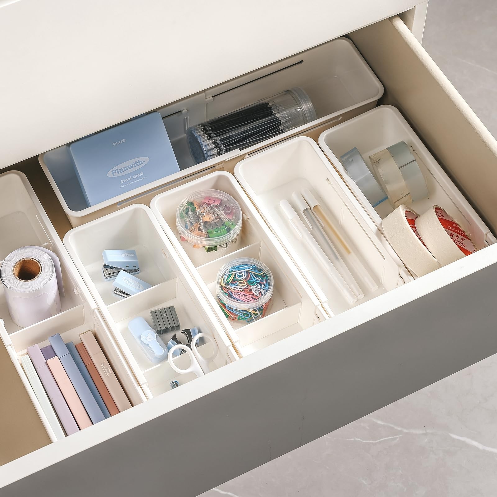 DIMJ Drawer Organizers, Expandable Desk Drawer Organizer Plastic Storage Bins…
