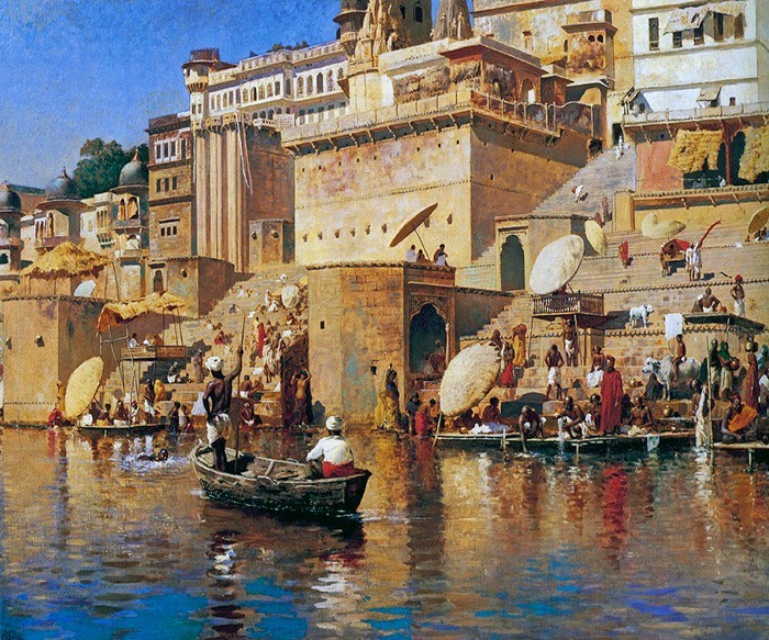 ON THE RIVER BENARES GANGES INDIA ORIENTALIST FULL PAINTING EDWIN L. WEEKS REPRO