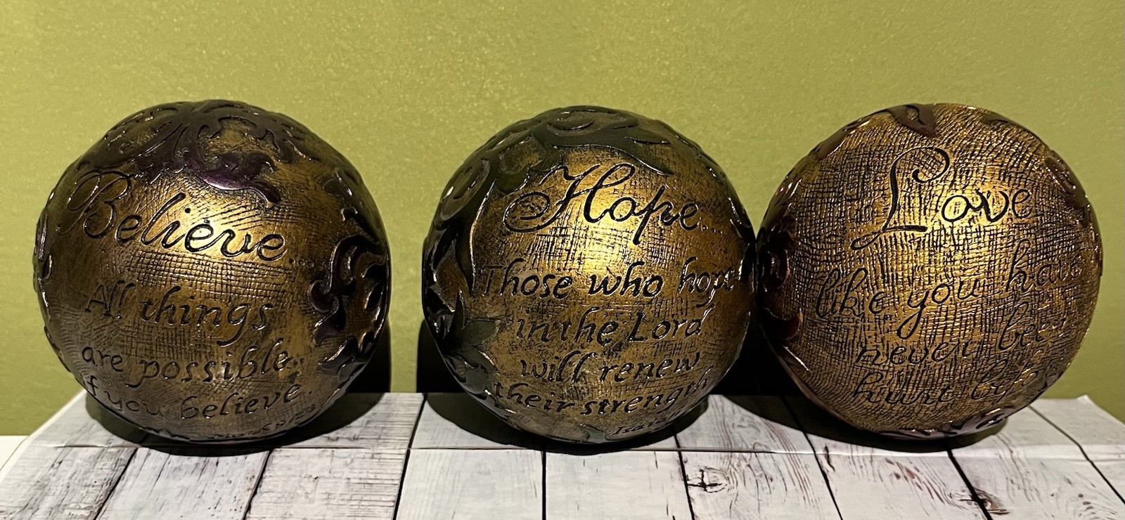 Believe Hope Love Decorative Ball Spheres Decor Gold Ornate Small Set Of 3