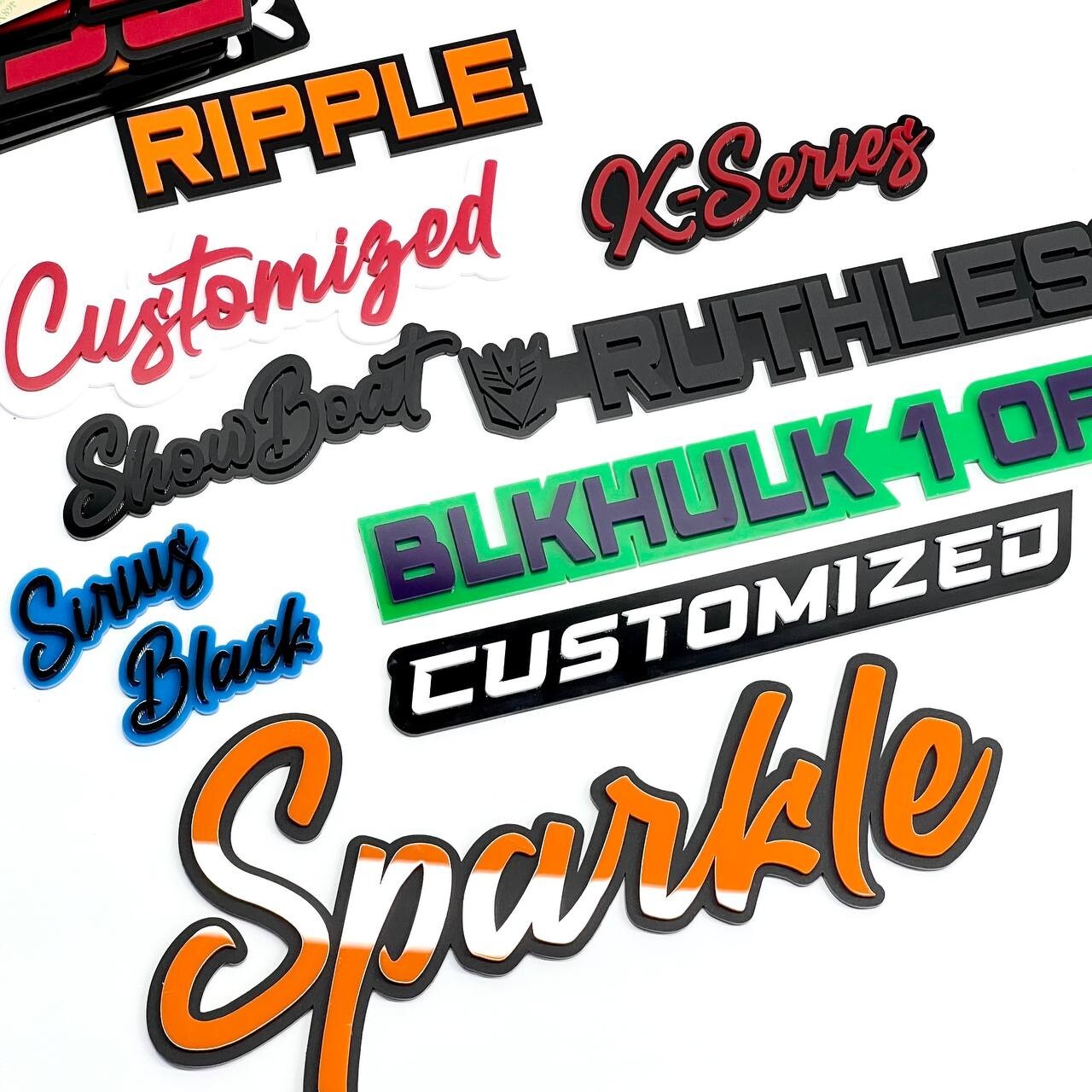 Custom Car Acrylic Emblem Badge MULTI COLOR Customized Text Names