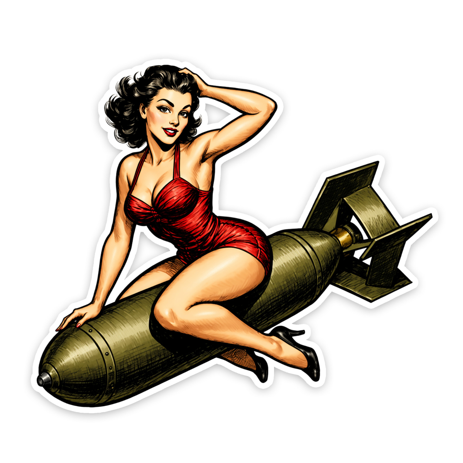 WWII PinUp Girl Sticker 4 Inch Vinyl Decal Riding the Bomb USA