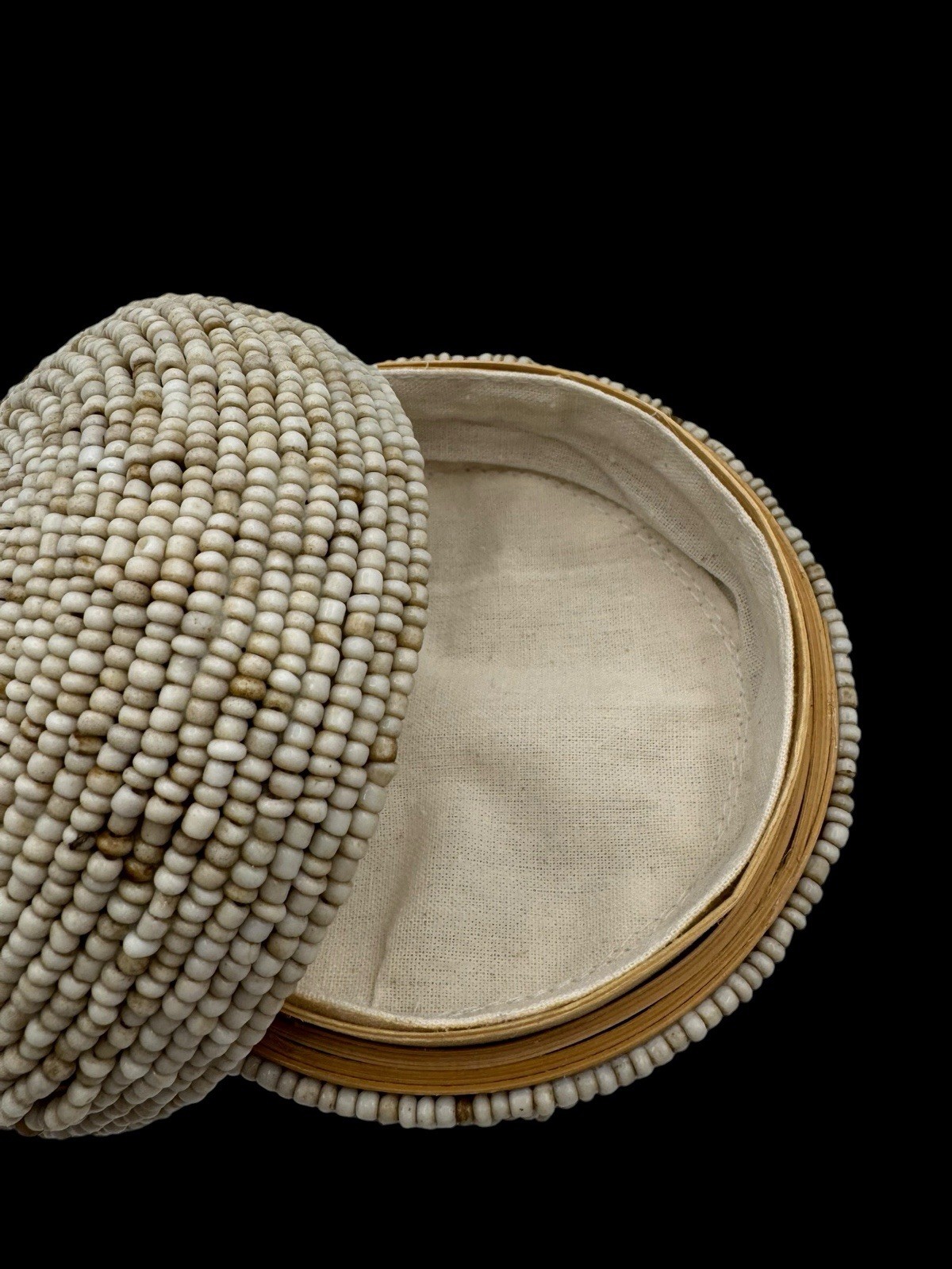 Balinese Handmade Beaded Bamboo Trinket Box Tassel Lidded White Natural Basket