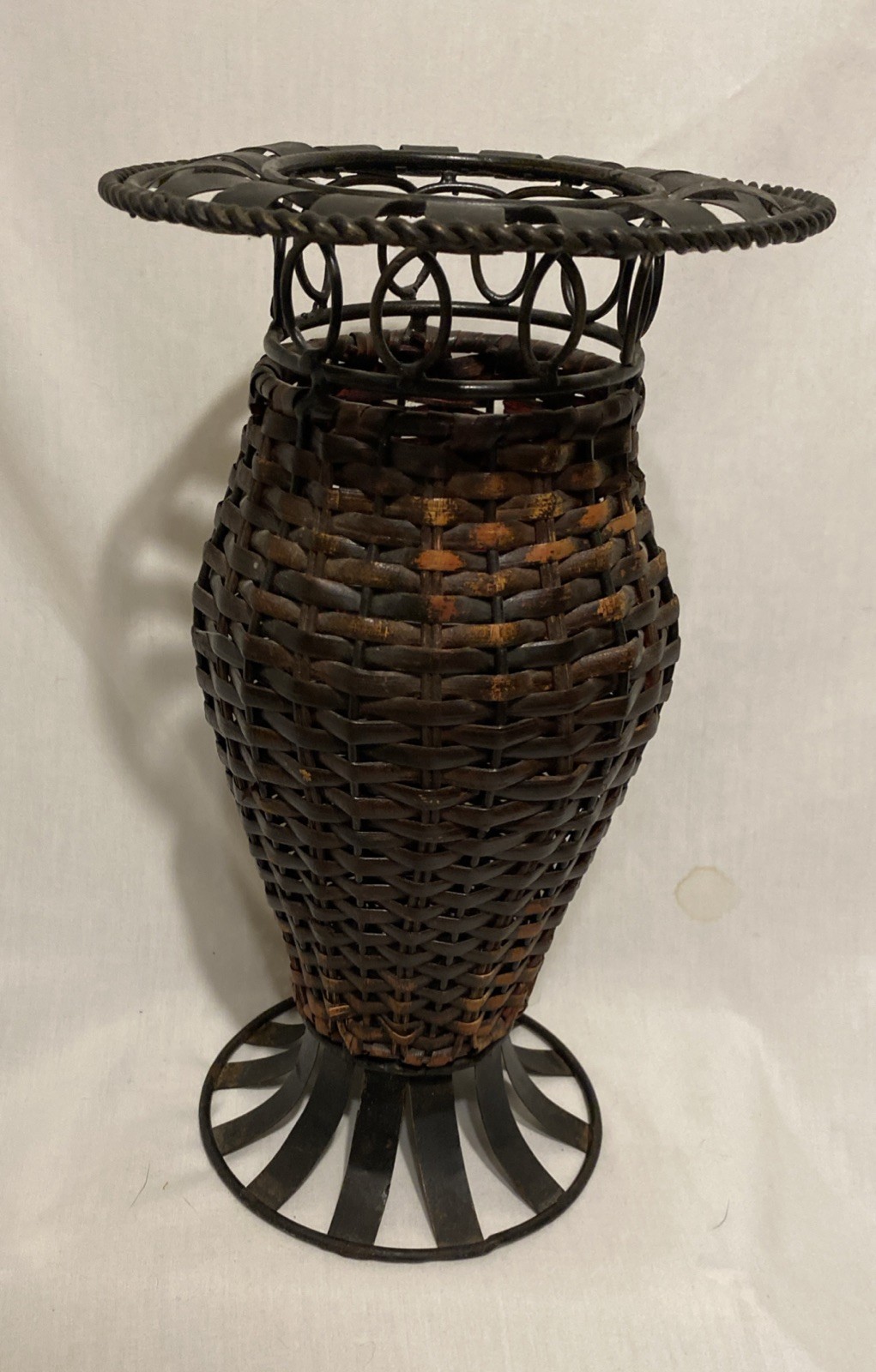 Vintage Rattan & Metal Vase Scroll Work on Top & Base 12 Inches