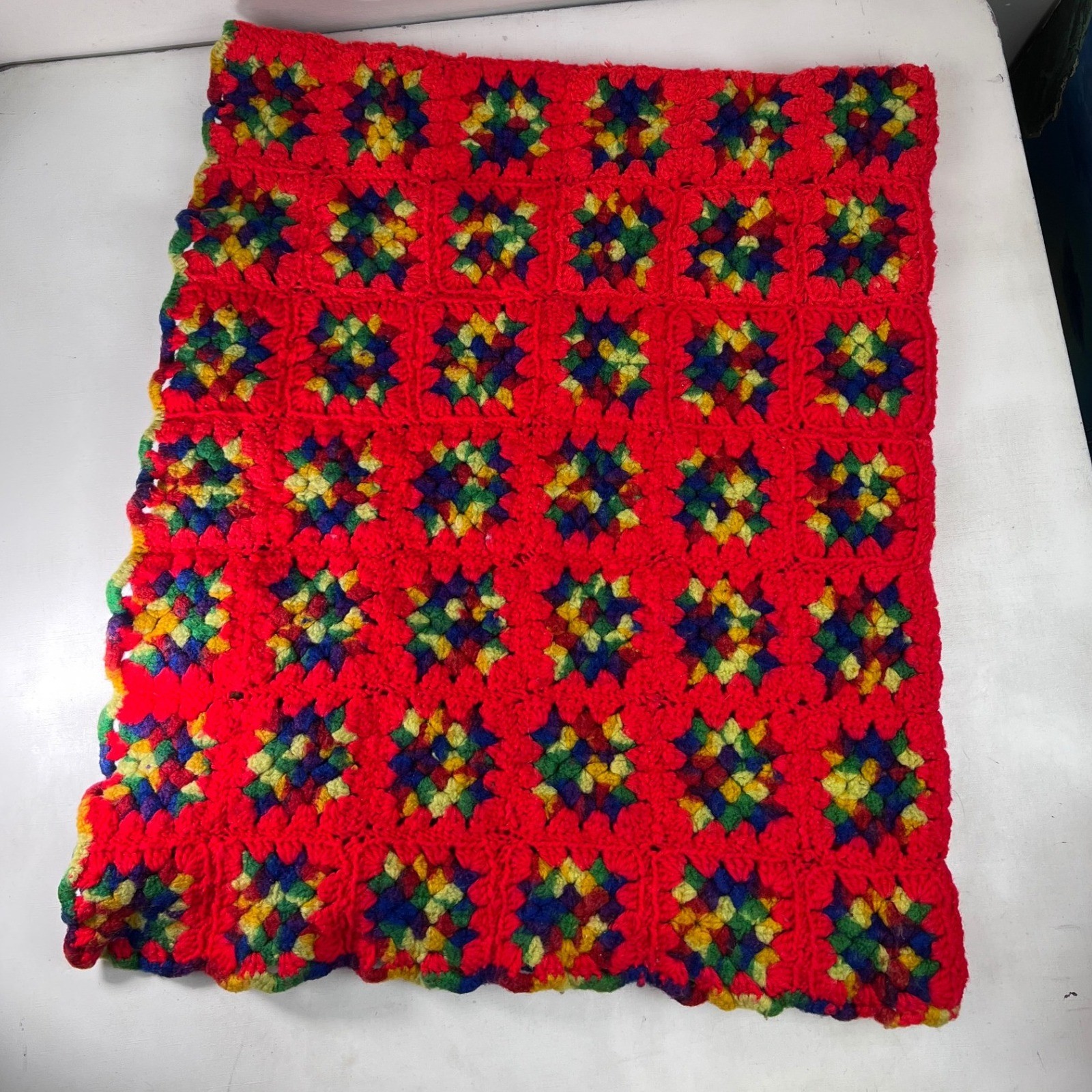 Red Crochet Granny Square Blanket Afghan Colorful Handmade Throw 66×52