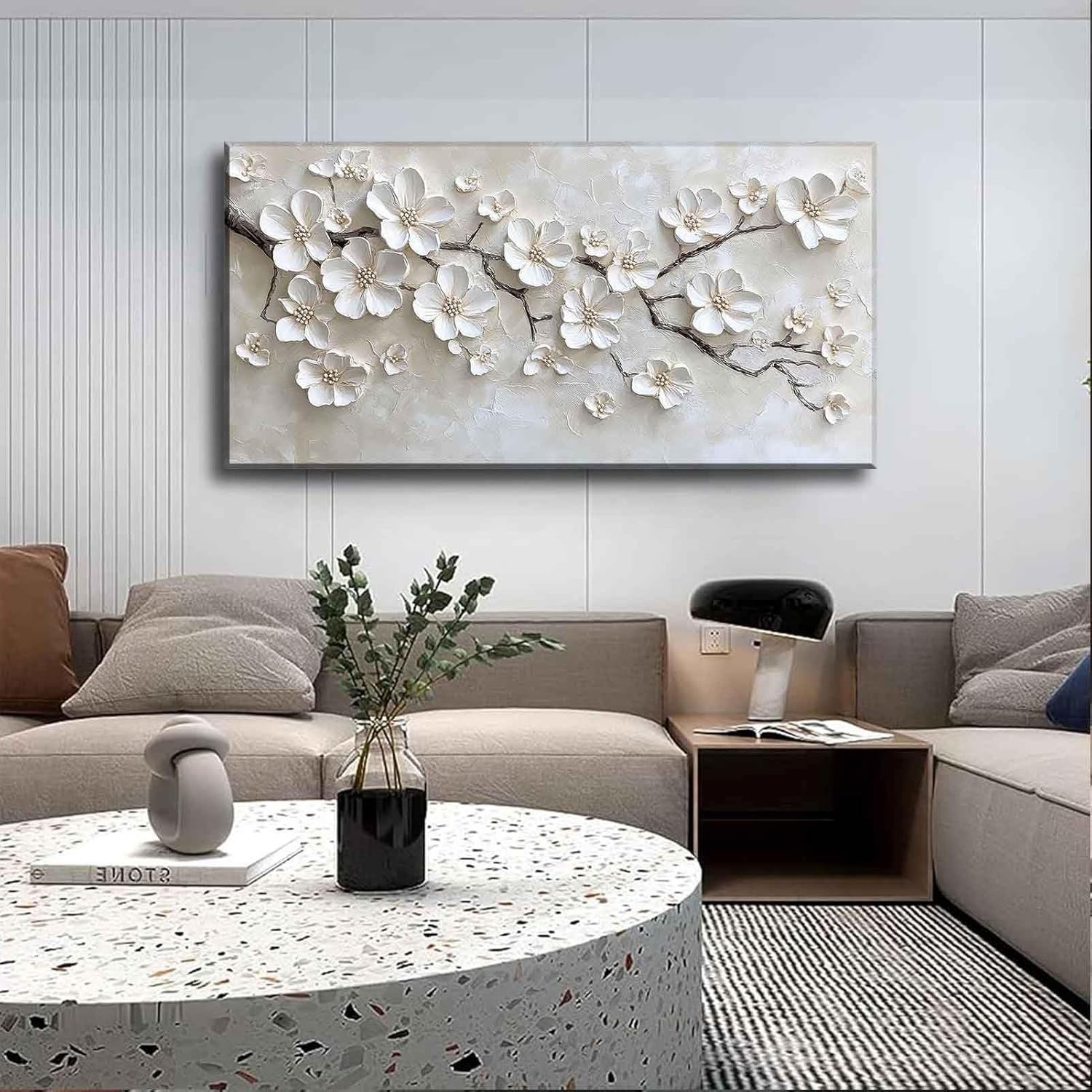 Large White Flower Canvas Wall Art 3D Texture Plant Floral painting Decor Pic…