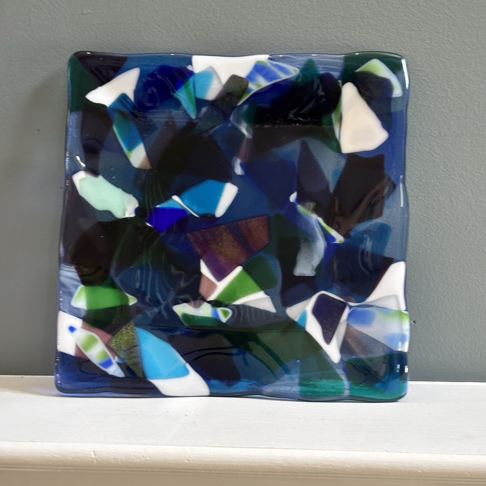 Heavy Blue Purple White Fused Art Glass Square Plate 10-1/4”