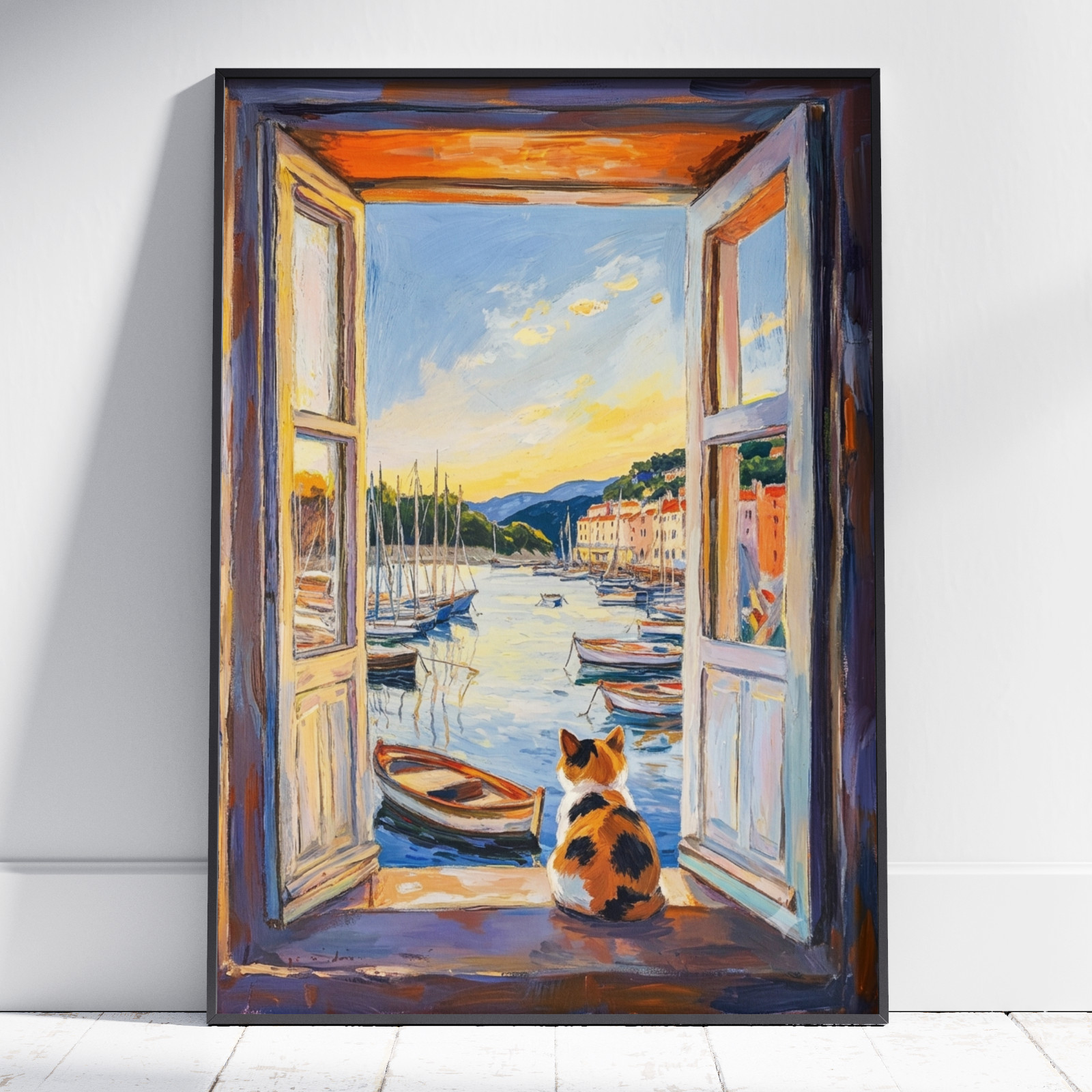 Calico Cat Seaside Poster Canvas – Coastal Sailboat Wall Art Home Decor Gift