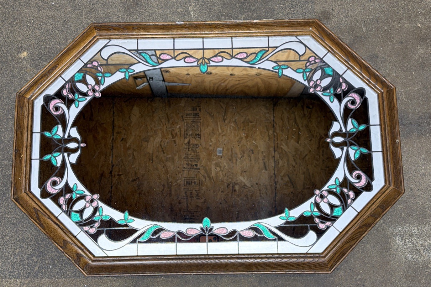 Vintage Octagonal Floral Etched Mirror Retro 1980s Stained Glass Wood Frame