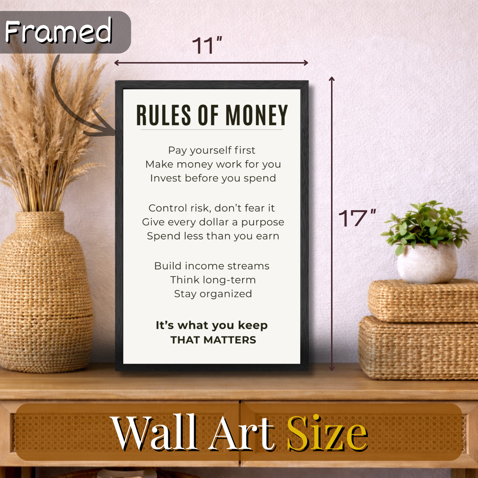 Rules of Money Motivational Inspirational Wall Art Framed 11×17 Decor Gift