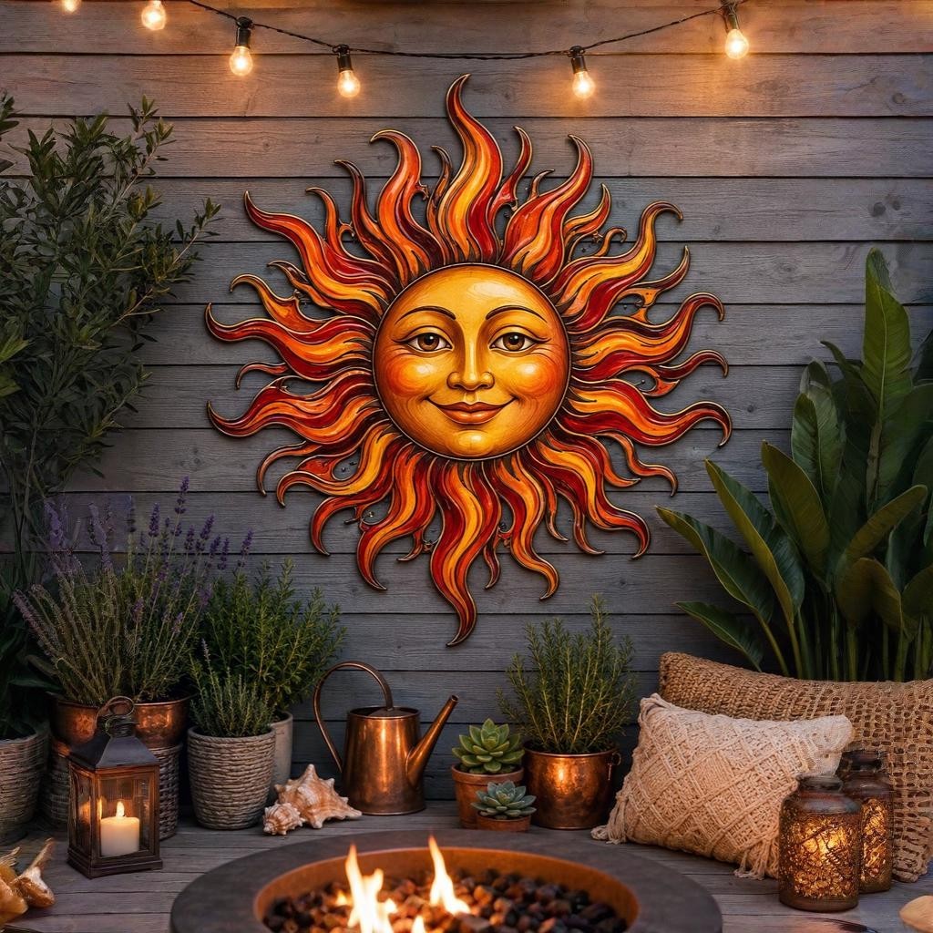 Rustic Sun Face Metal Wall Art, Garden Patio Wall Decor, Orange Sunburst Outdoor