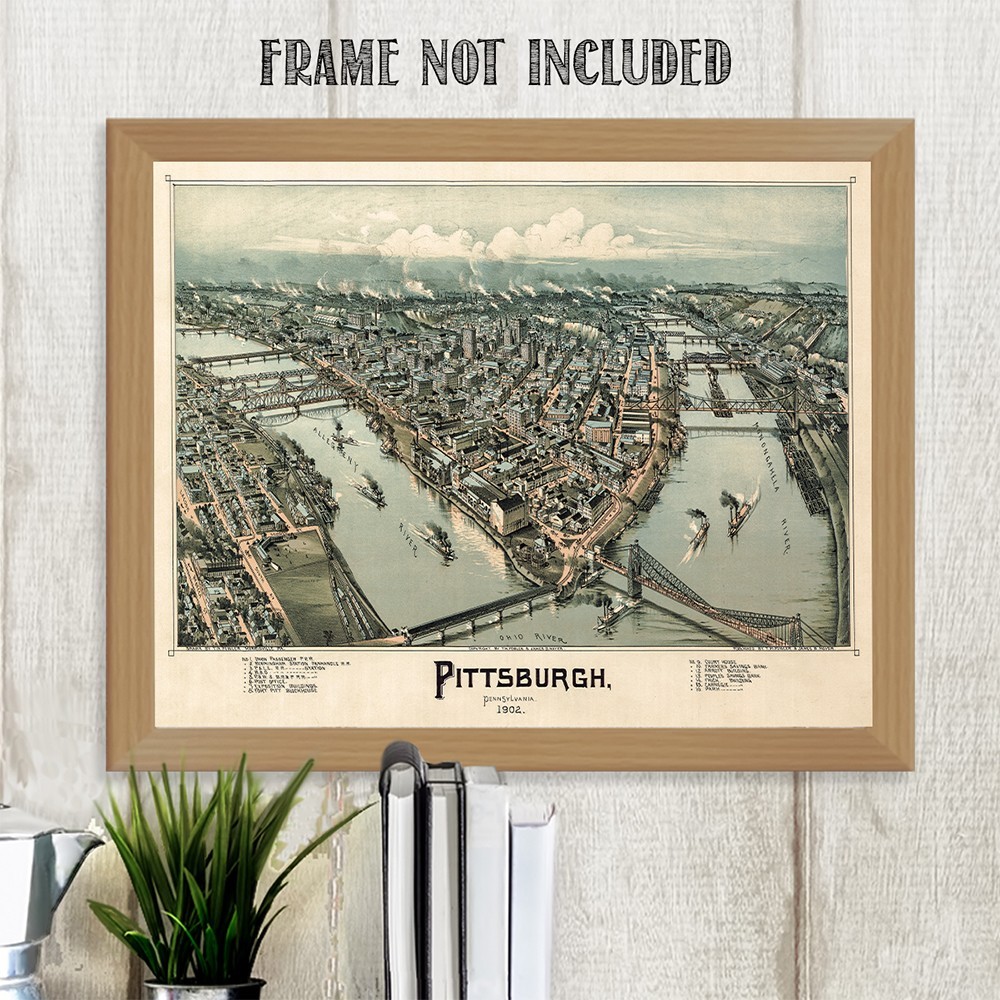 Pittsburgh Pennsylvania 1902 Birdseye View Map Historic City River Bridge Print