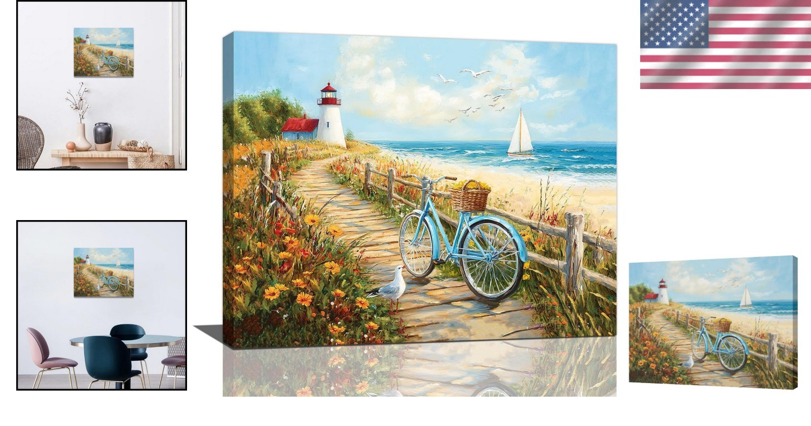 Vibrant Coastal Wall Decor: Framed Beach Bicycle and Lighthouse Canvas, 20”x16”