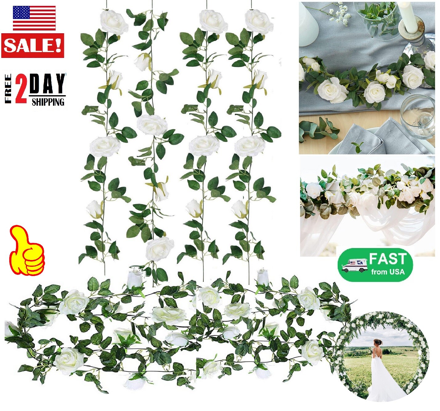 6× Garland Wall Artificial Hanging Rose Flowers Vine 7.5 Ft Wedding Home Decor