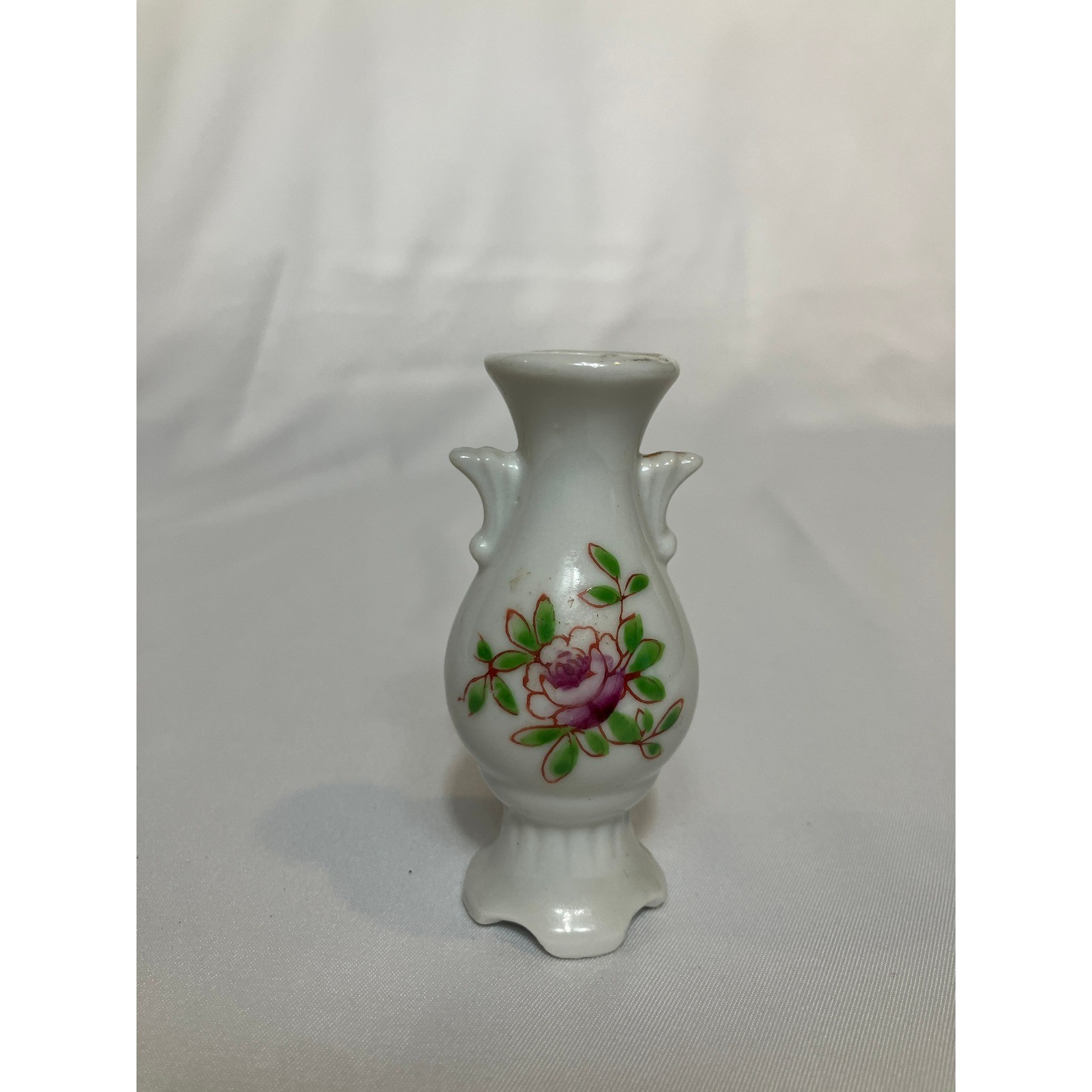 Miniature White Porcelain Vase Pink Rose Floral Design Small Trinket