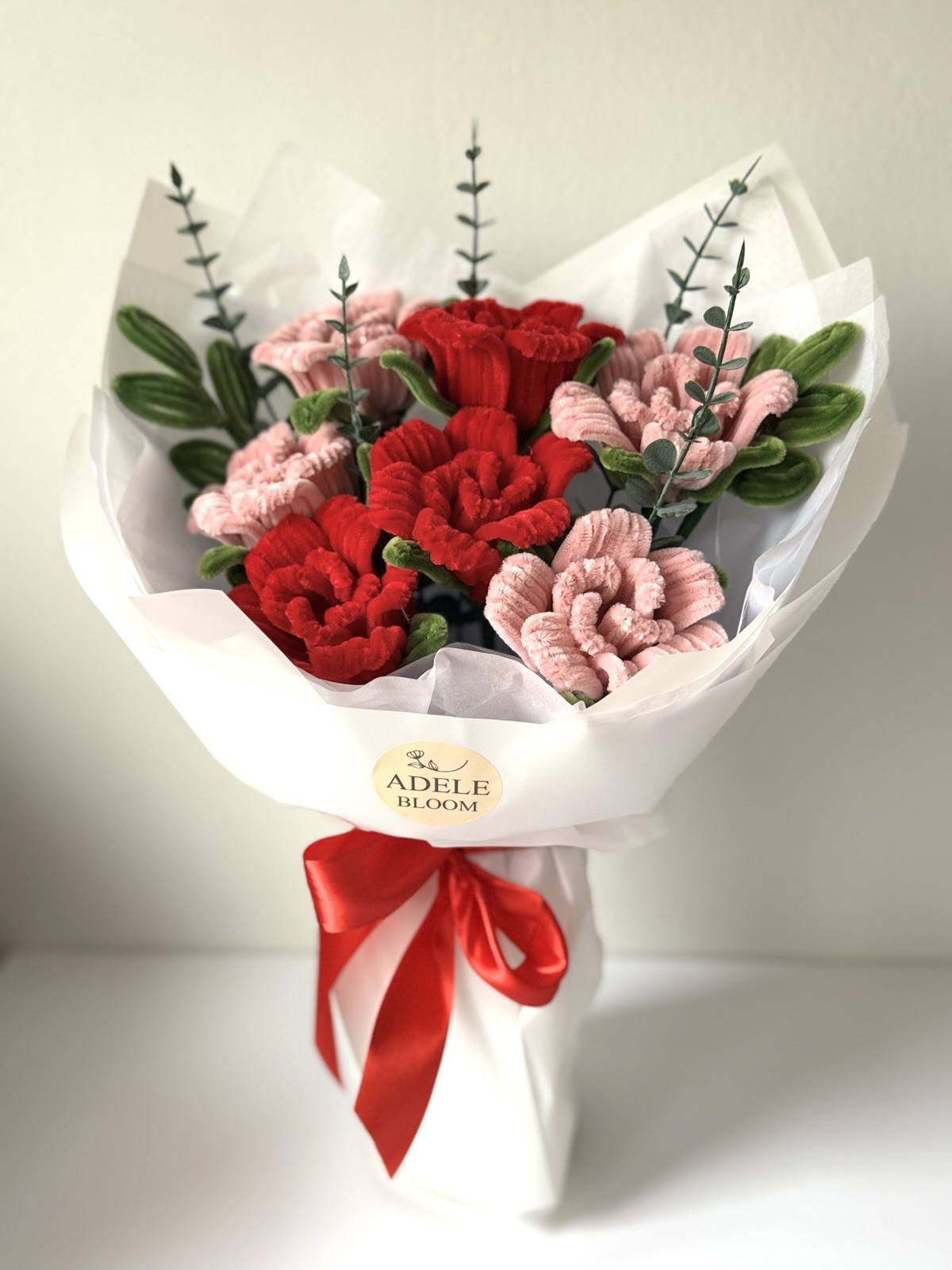 Handmade Roses Flower Bouquet Red Pink Green colors 15in