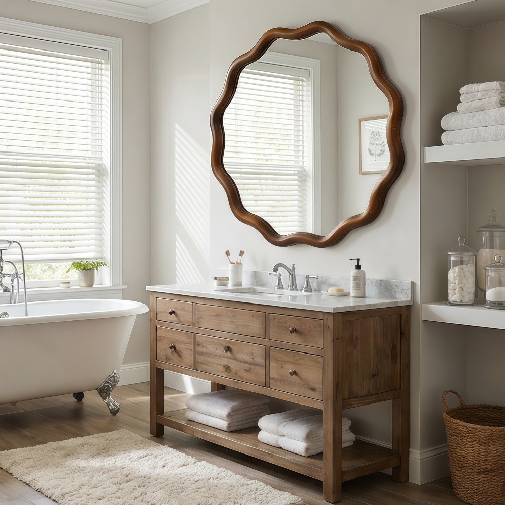 30in Wavy Round Mirror Wood Frame Mid-Century Modern Mirror For Bedroom Bathroom