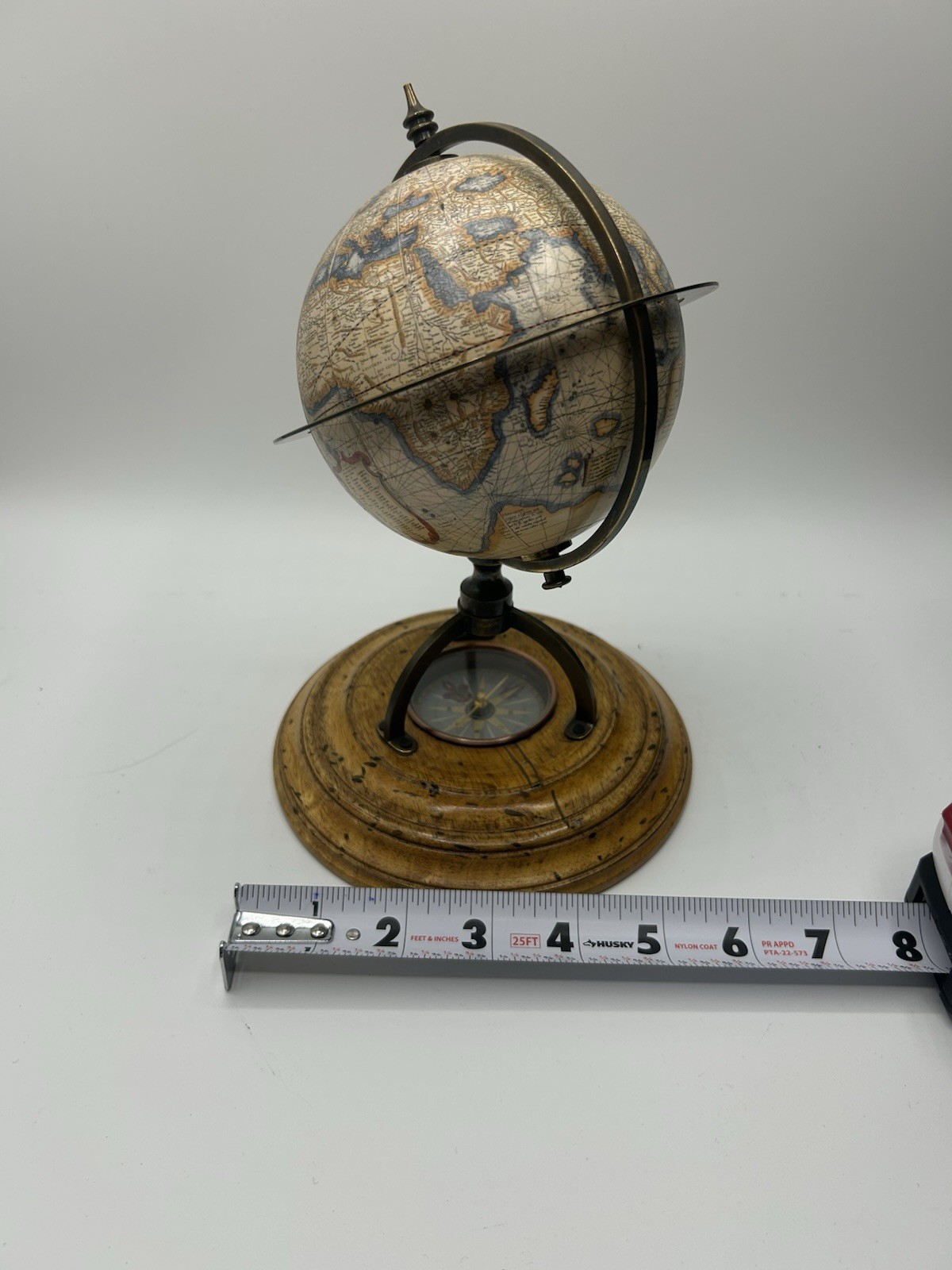 Authentic models vintage style globe with built in compass. 6” wide, 9” high