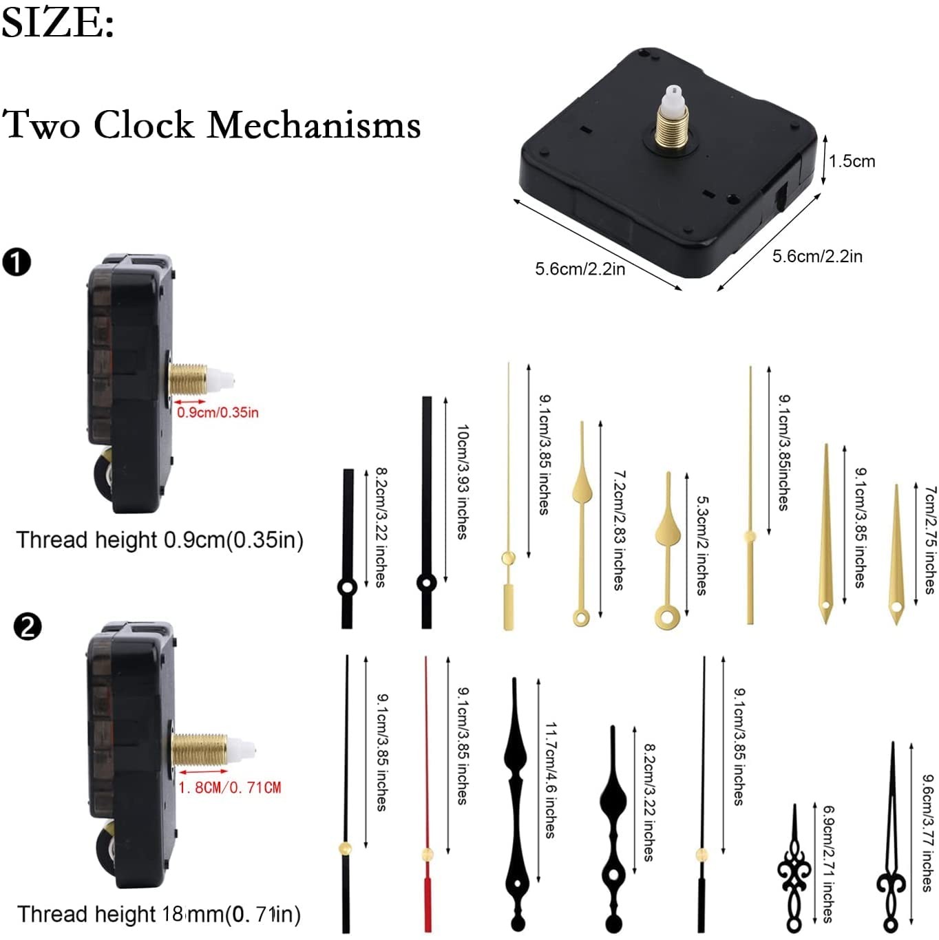2Pcs Quartz Clock Mechanism Kit, Wall 16mm+23mm Mechanisms
