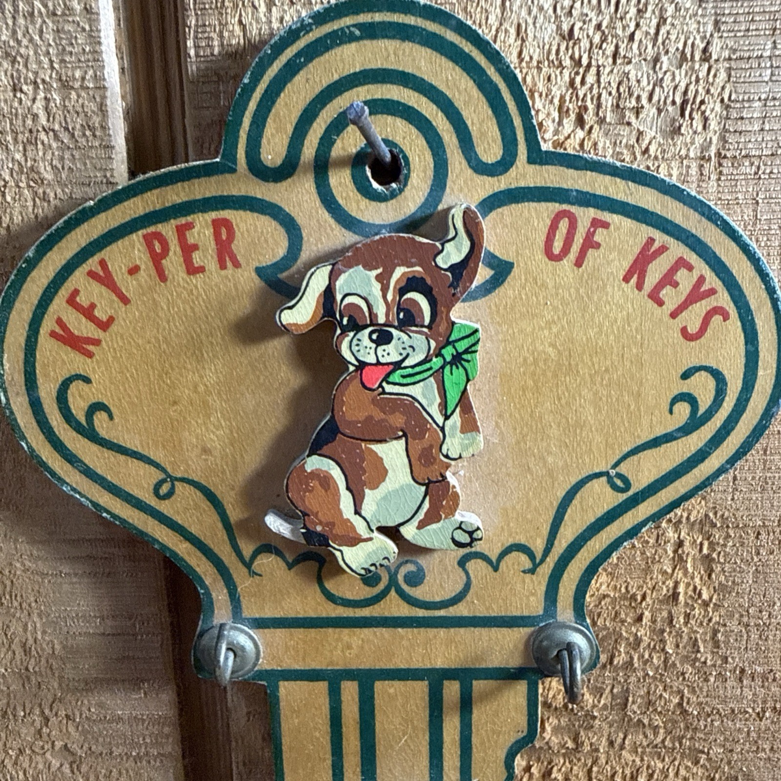 Vintage Key-Per of Keys Wooden Key Shaped Wall Key Hook-Dog puppy Kitsch