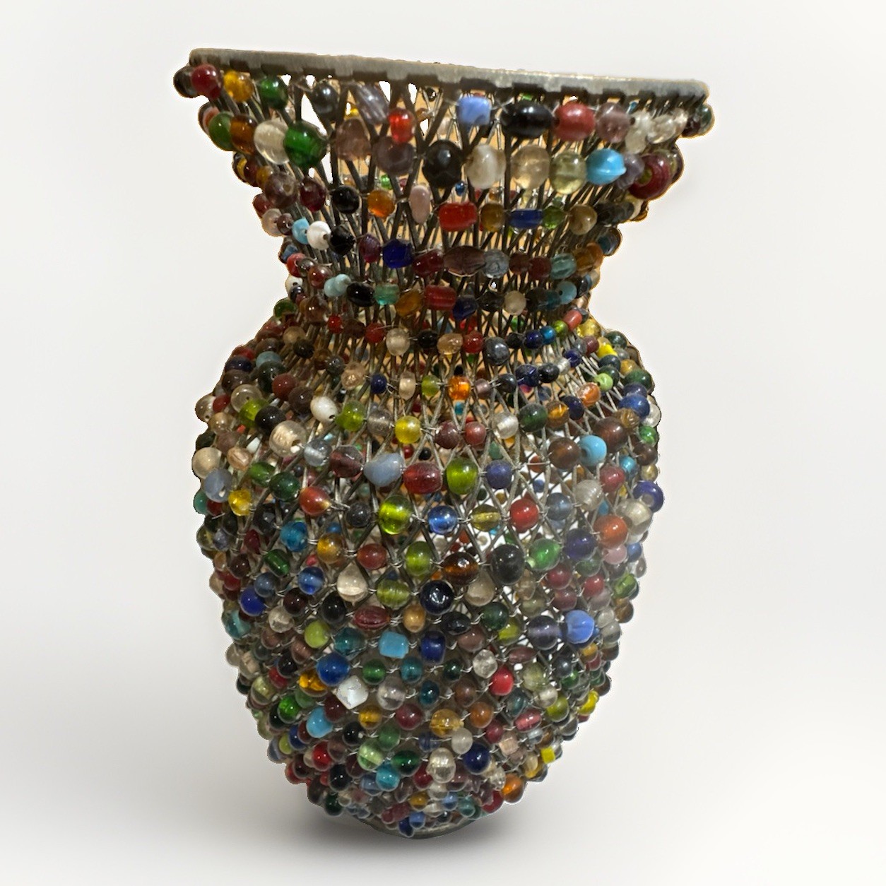 Vintage Artisan Beaded Wire Mesh Vase Multi Color Glass Stone Eclectic Decor