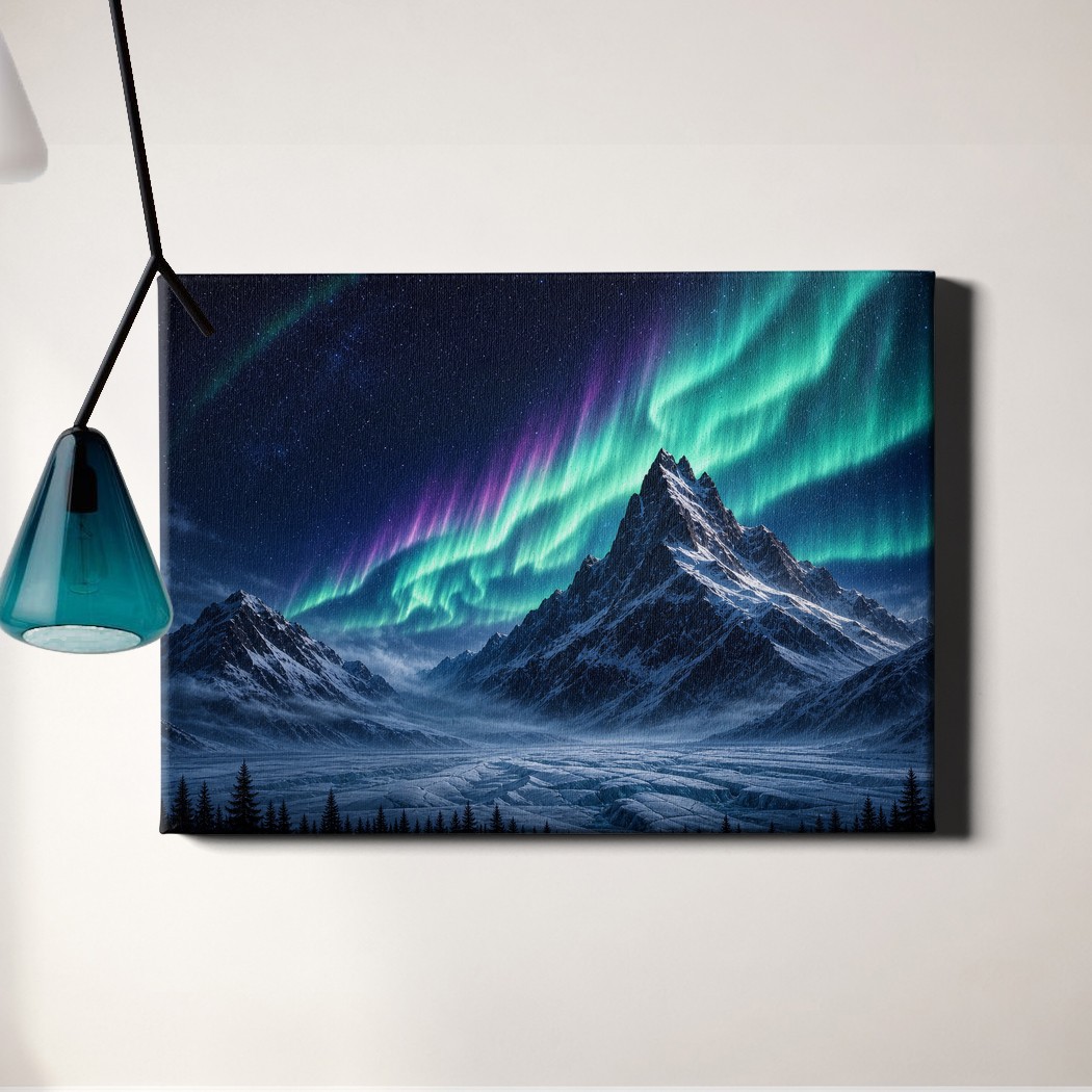 Aurora Borealis Poster Print Snowy Mountain Landscape
