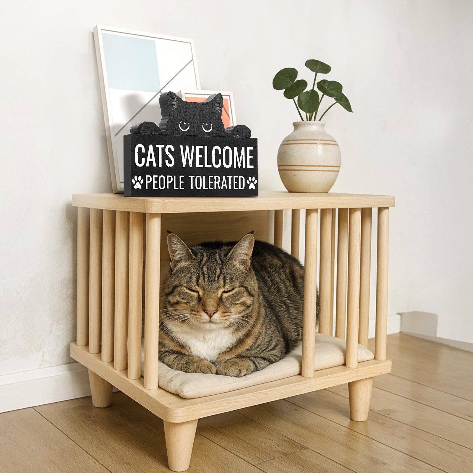 2 Pack Funny Cats Decor 9.1” × 3.9”, Wooden Cat Lover Gifts with Black &