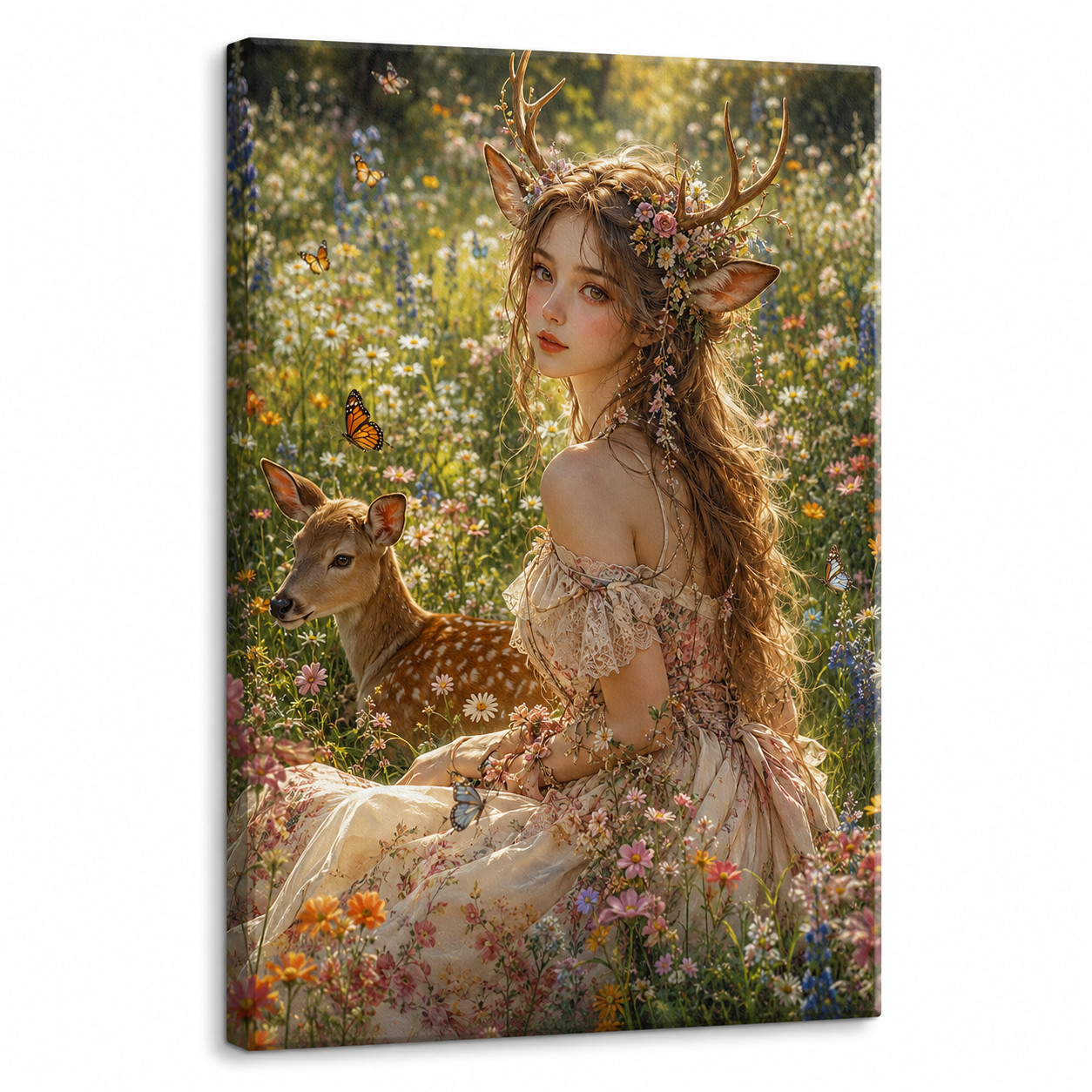 Deer Girl Canvas Wall Art Fantasy Forest Woman Fawn Butterfly Cottage core Boho