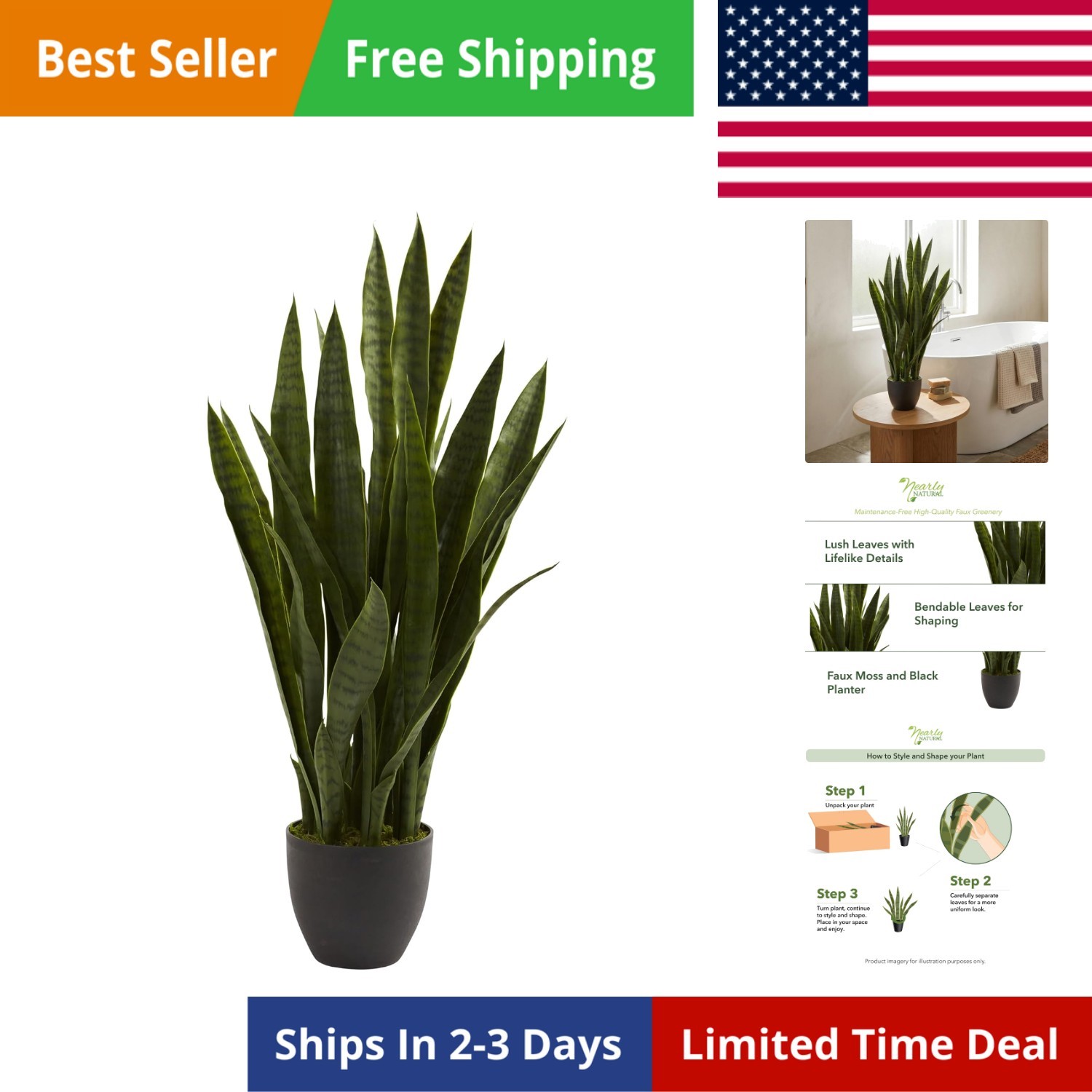 35in Artificial Snake Plant, Sansevieria Faux Greenery with Black Planter for…