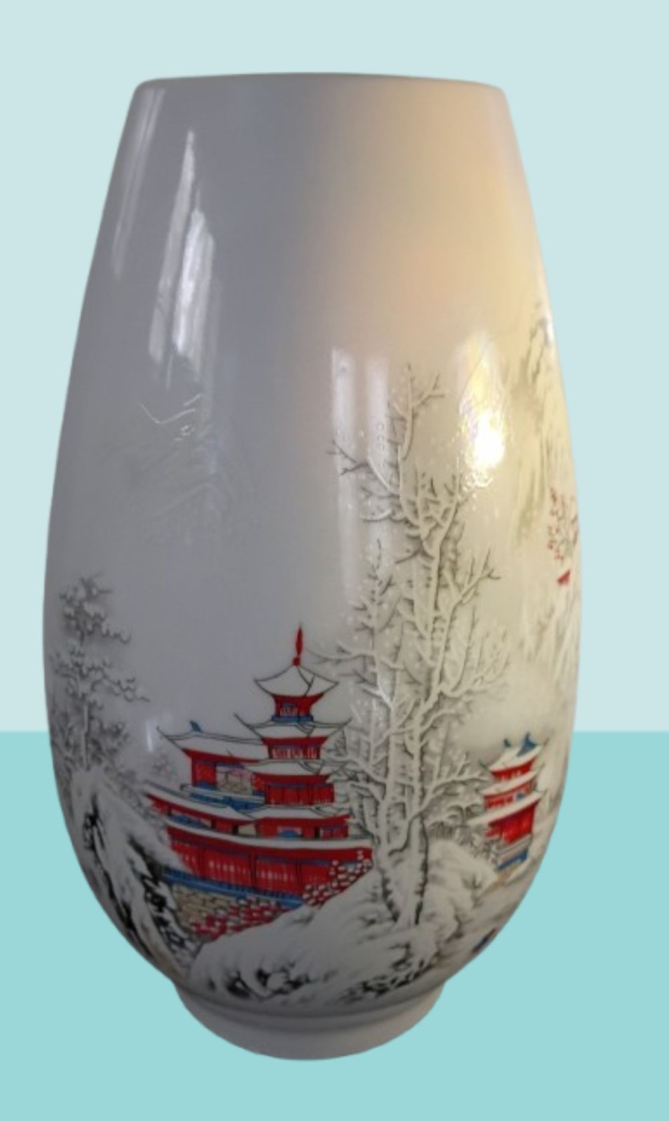 Chinese Snowy Mountain Village Vase / Height 9 inches / TM 809