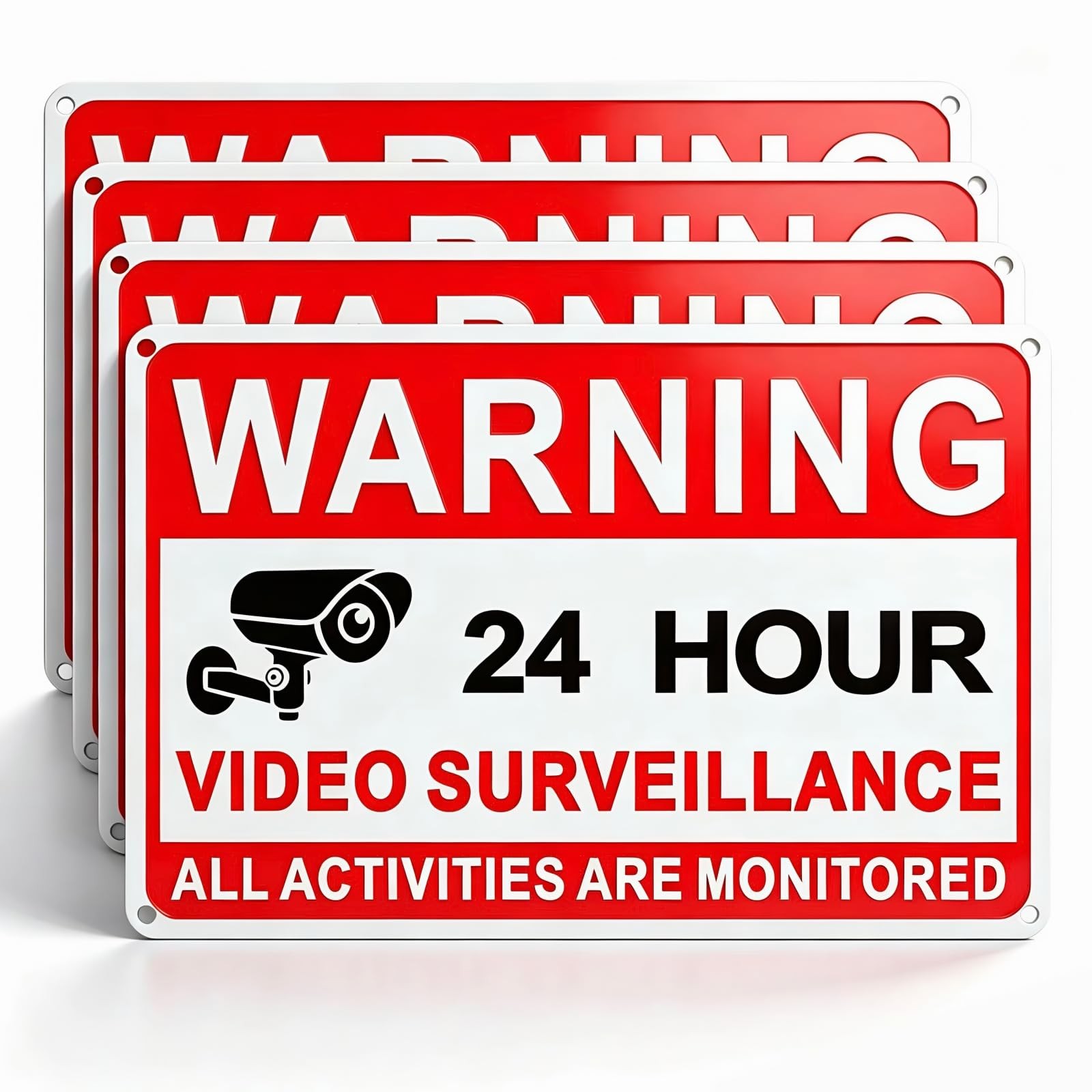 4 Pack Video Surveillance Signs, 8 x 12 Inch Aluminum 12×8 Inches, Red, White