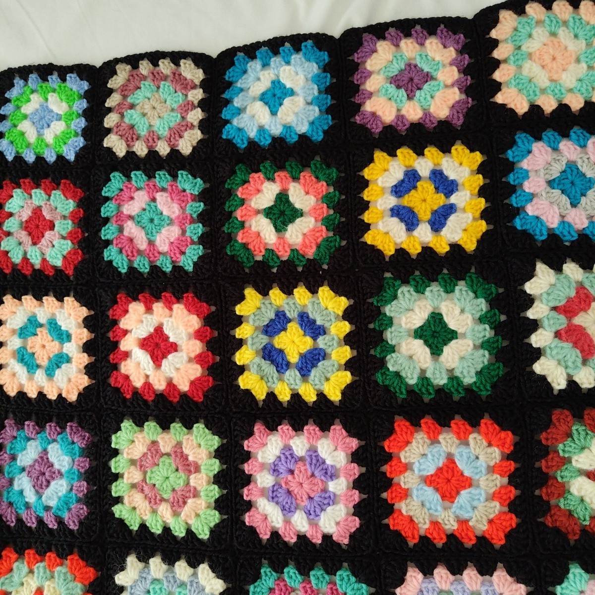Granny Square Afghan Blanket Throw Handcrafted Crochet 49″x66″ Black Colorful