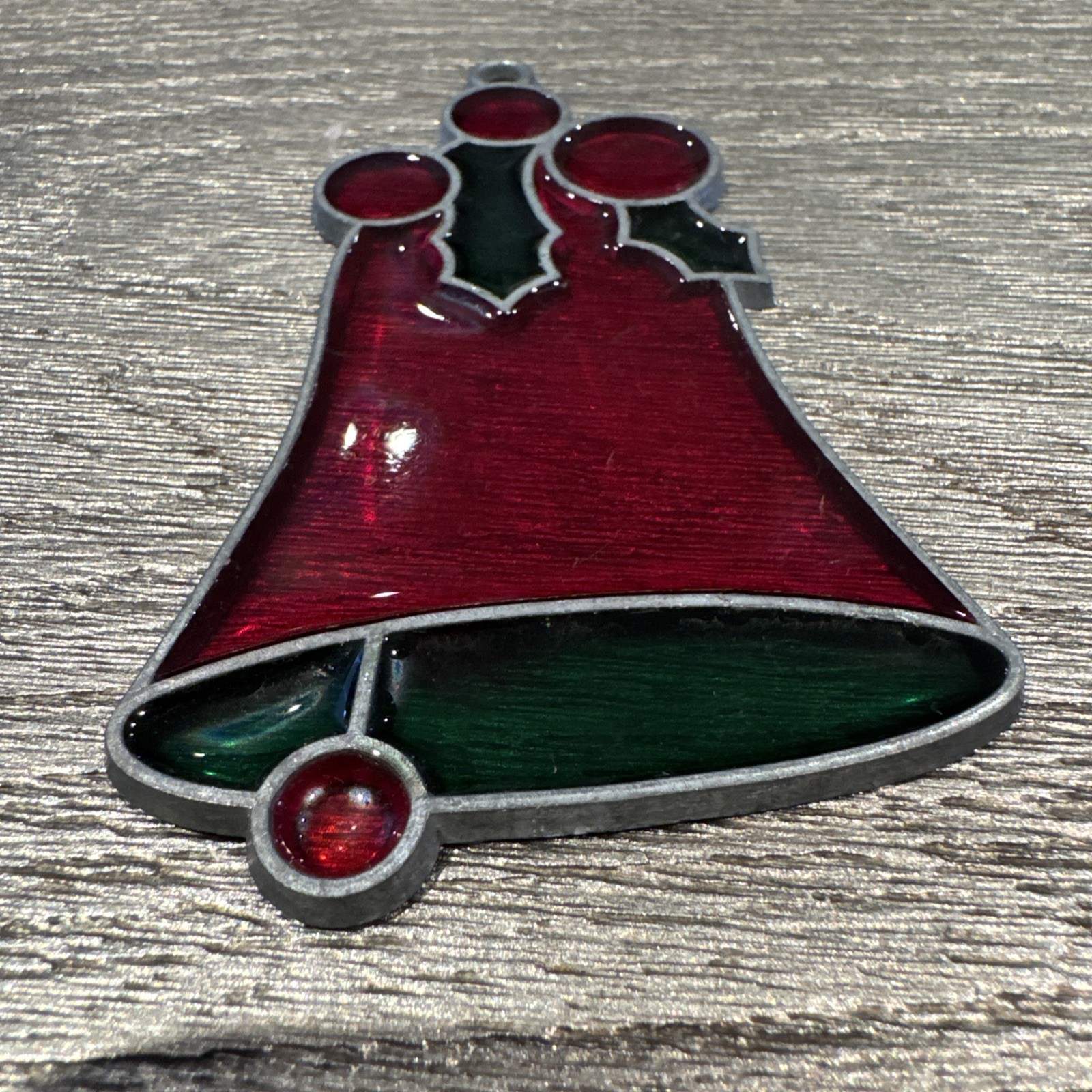 Vintage Christmas Ornament Stained Glass Like Suncatcher – Bell Red And Green ￼