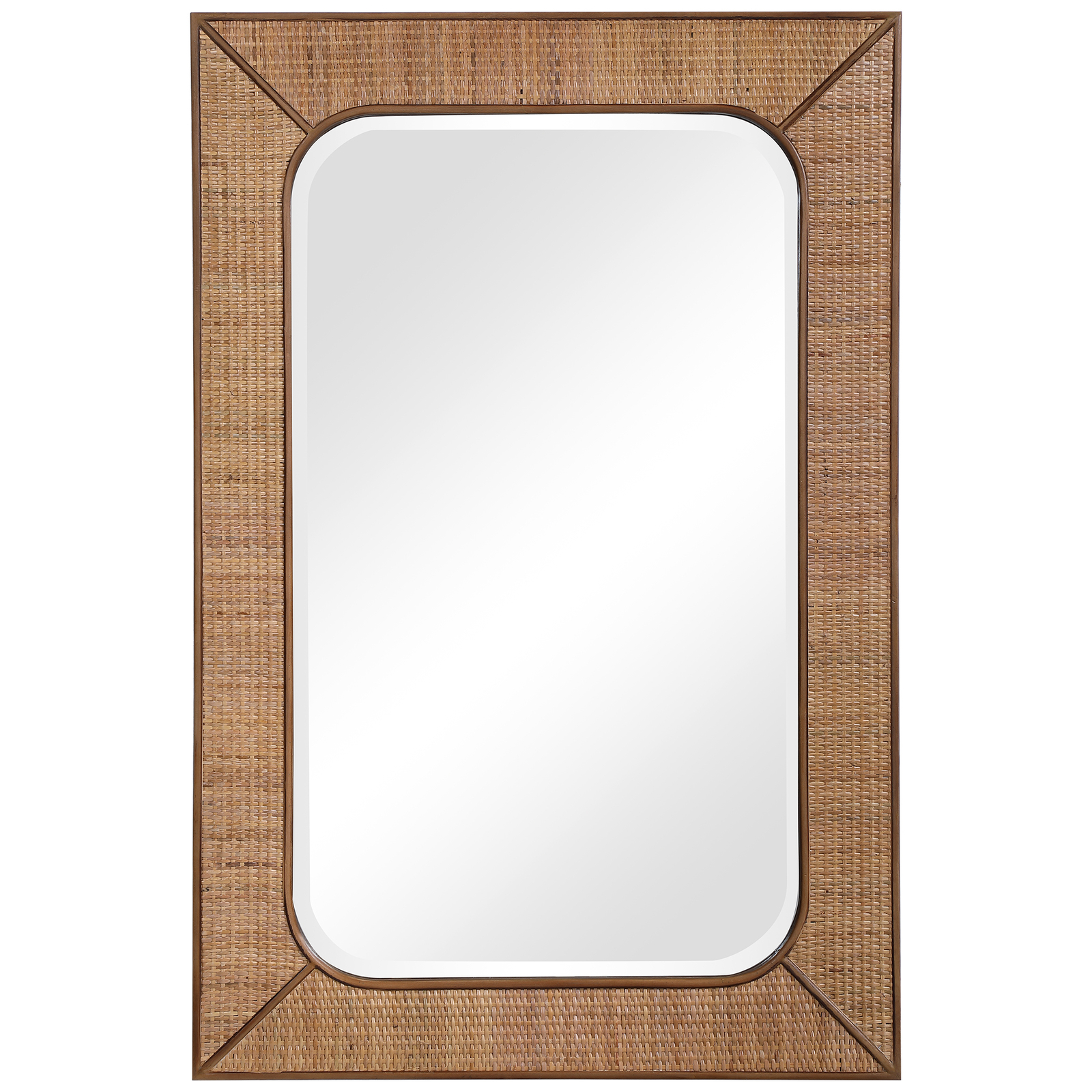 Casual Elegant Woven Rattan Wall Mirror 42 in Wood Basket Weave Tropical Coastal