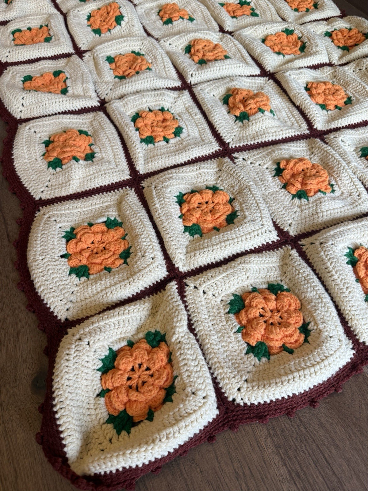 Vintage handmade crochet 3D rose granny square afghan blanket 40×55