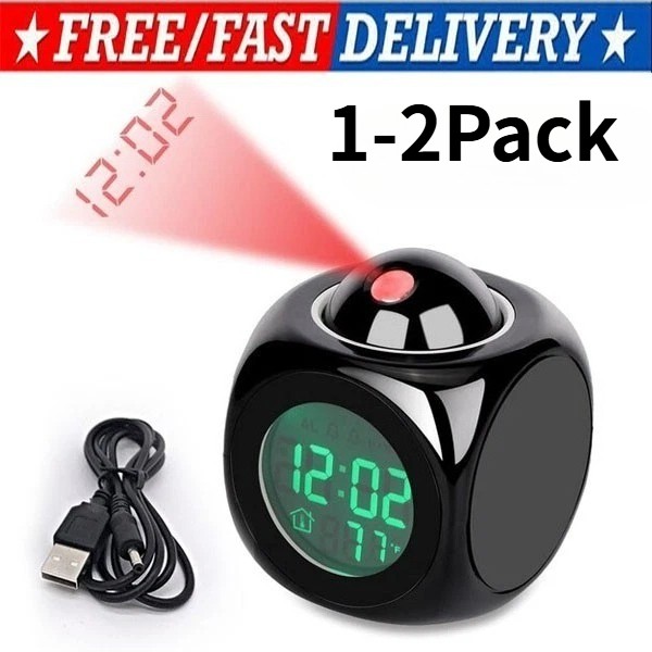 LED Projection Alarm Clock Digital LCD Display Voice Talking Weather Snooze USB