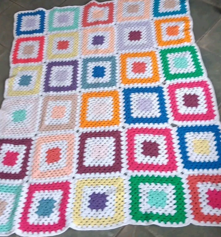 Granny Square Crochet Afghan Throw Blanket White Multi Color 62×50″ Handmade Vtg