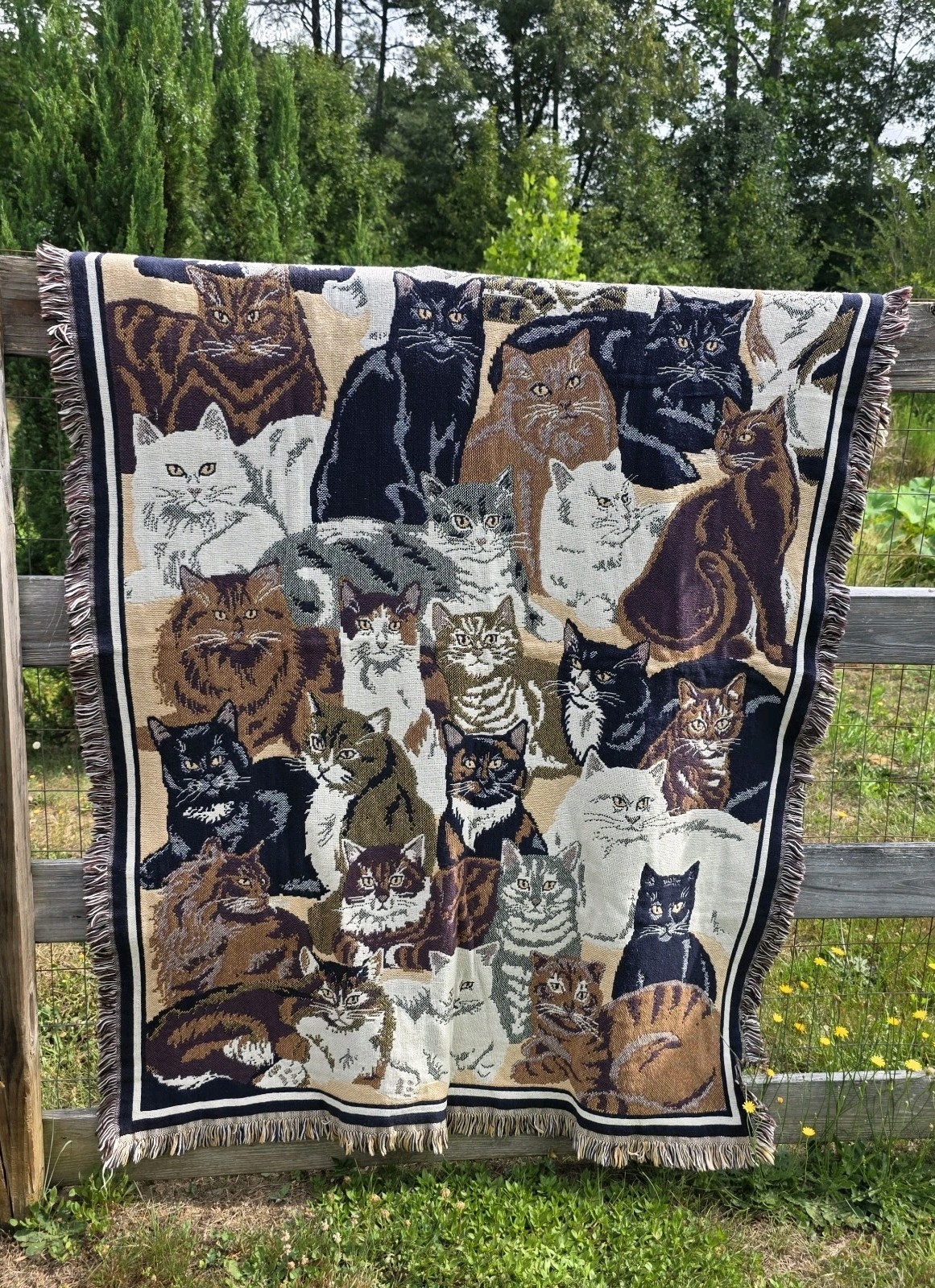 VTG Goodwin Weavers Cat Tapestry Blanket Woven Cotton Throw “Kitty Kingdom” USA