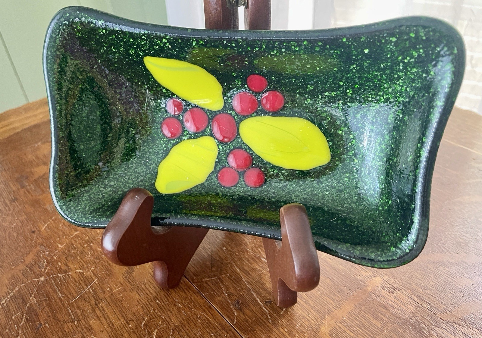 Fused Glass Plate Trinket Dish 6” x 3” Retro MCM Grand Millennial Design Holly
