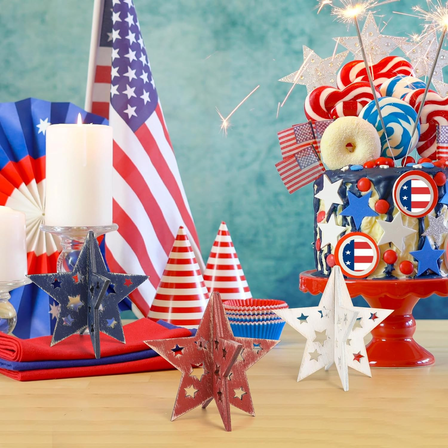 6 Inch Labor Day Decorations Wooden Stars Set, Vintage 3D Star Memorial Day Tier