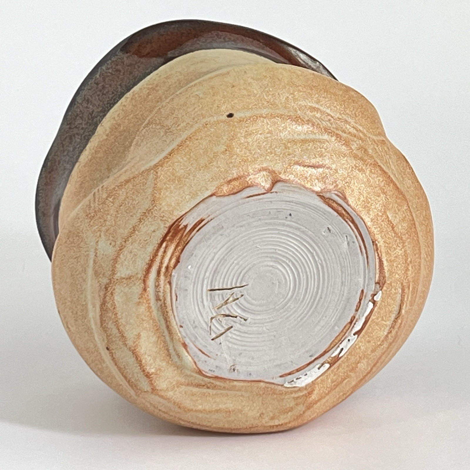 Art Pottery Vase Planter Brown Glazed Rim Textured Beige Orange Body Signed 4.5”