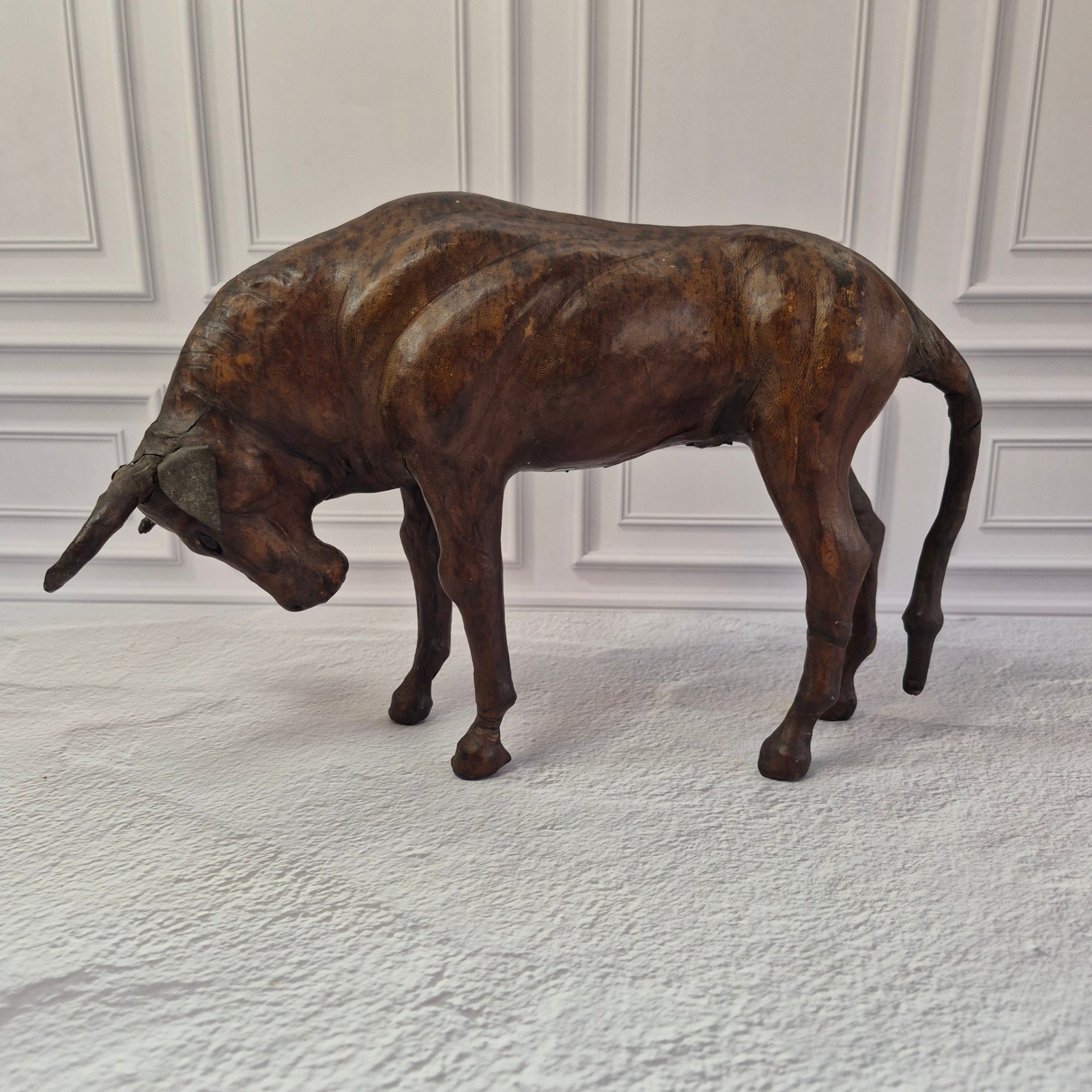 Vintage Handmade Leather Bull Sculpture Western Art Animal Figure 16″ Long