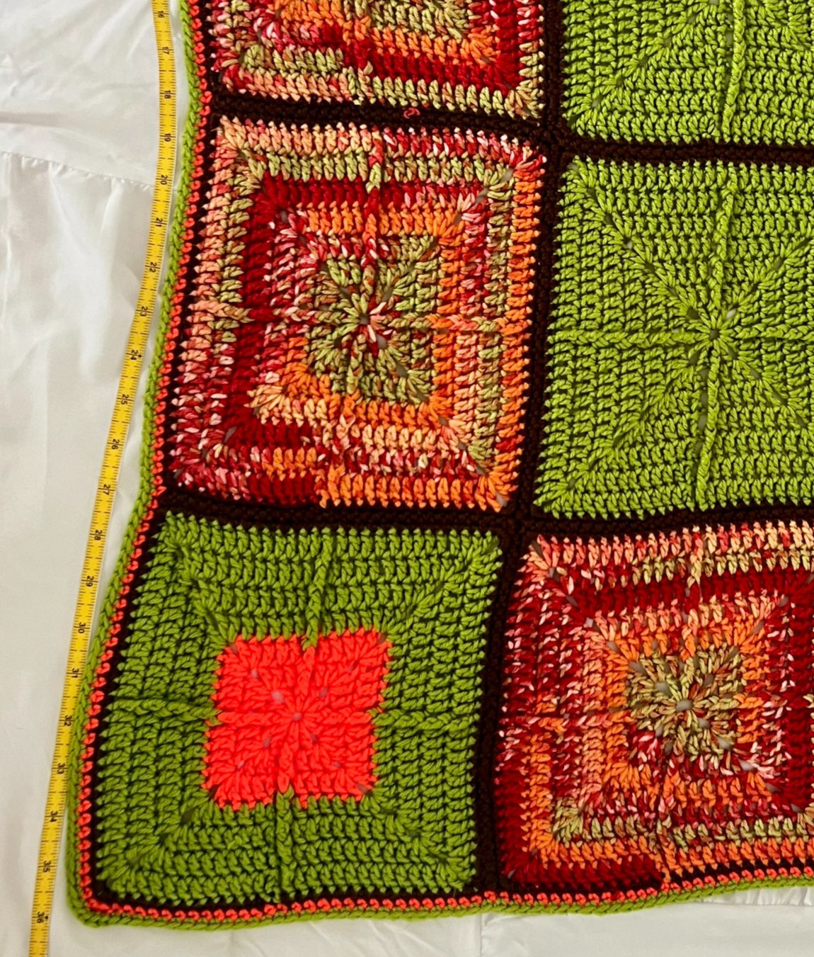 Hand Crocheted Granny Square Throw Blanket Boho Cottagecore Green Coral Afghan