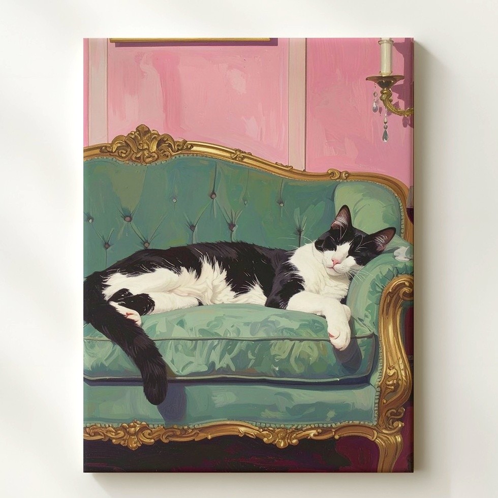 Velvet Lounge Cat Canvas Elegant Black & White Feline In Vintage Interior Some