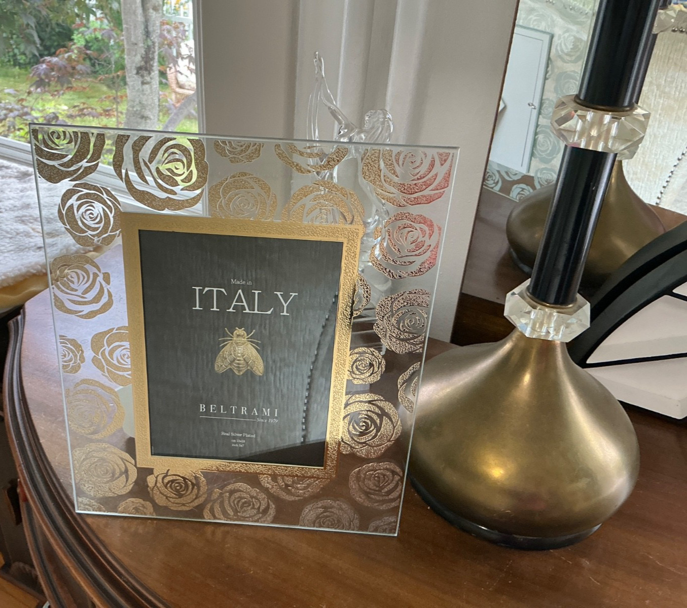 NEW Beltrami clear glass with gold roses & border Photo Frame Italy 5×7
