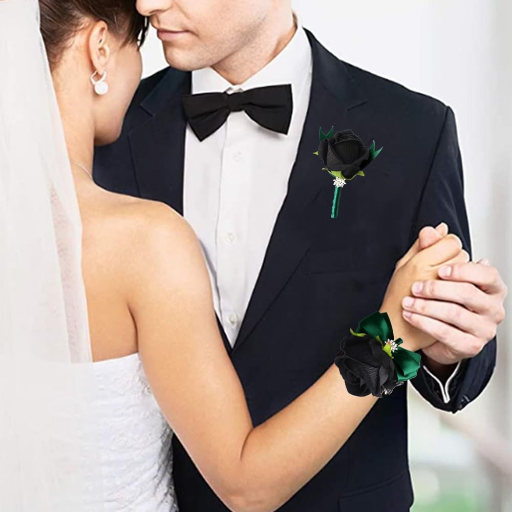 Black Rose Wrist Corsage and Boutonniere Set for Weddings and Events