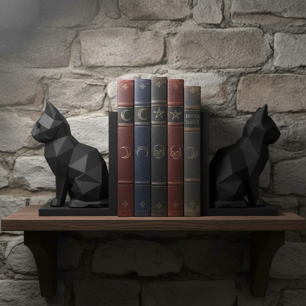 3D Printed Gothic Cat Bookends Dark Academia Matte Black Decor Cat Lover Gift